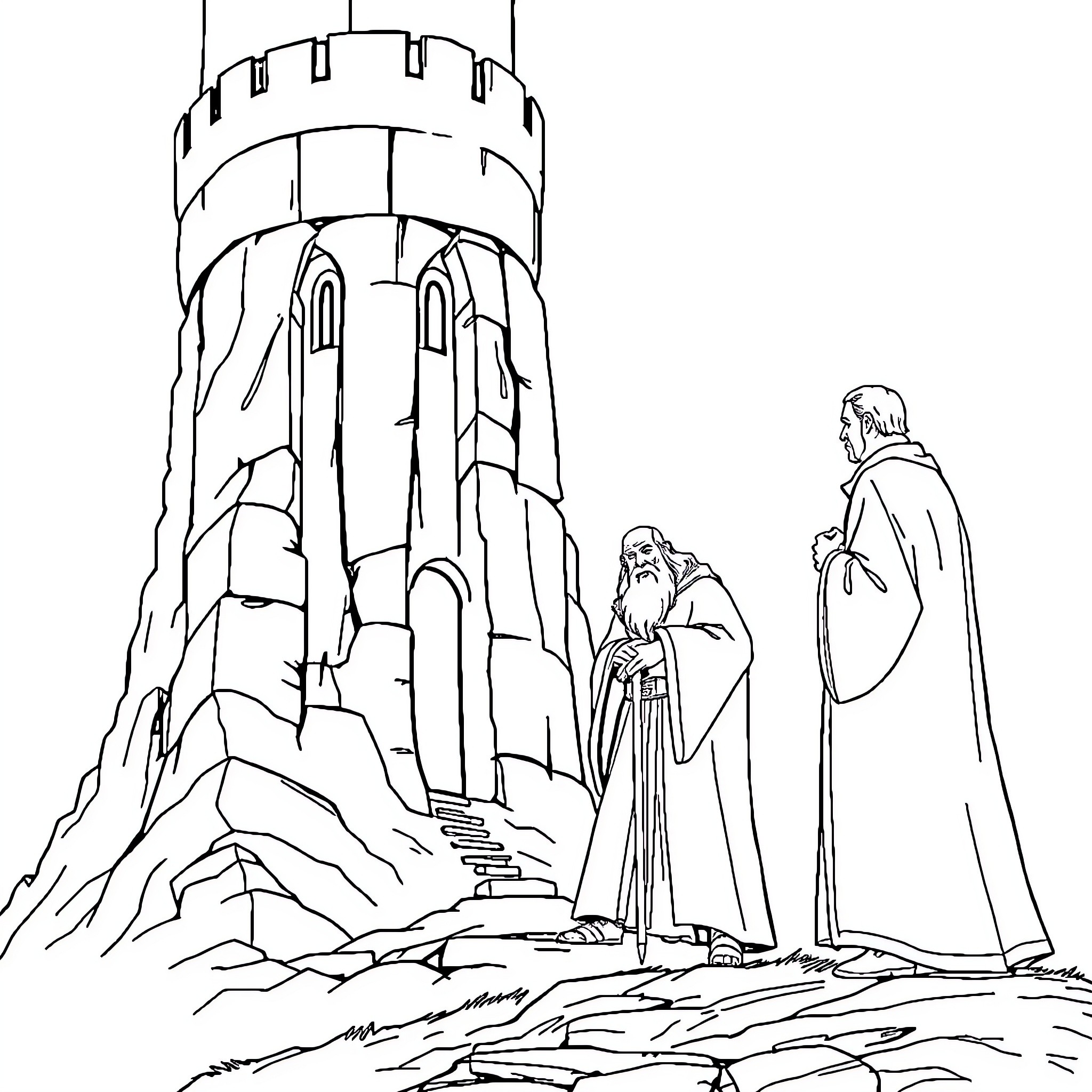 Gandalf Observes Hobbits in Mysterious Tower Coloring Page (free black-and-white line drawing printable PDF for all, from beginners to advanced learners, including children, teens, adults, and seniors)