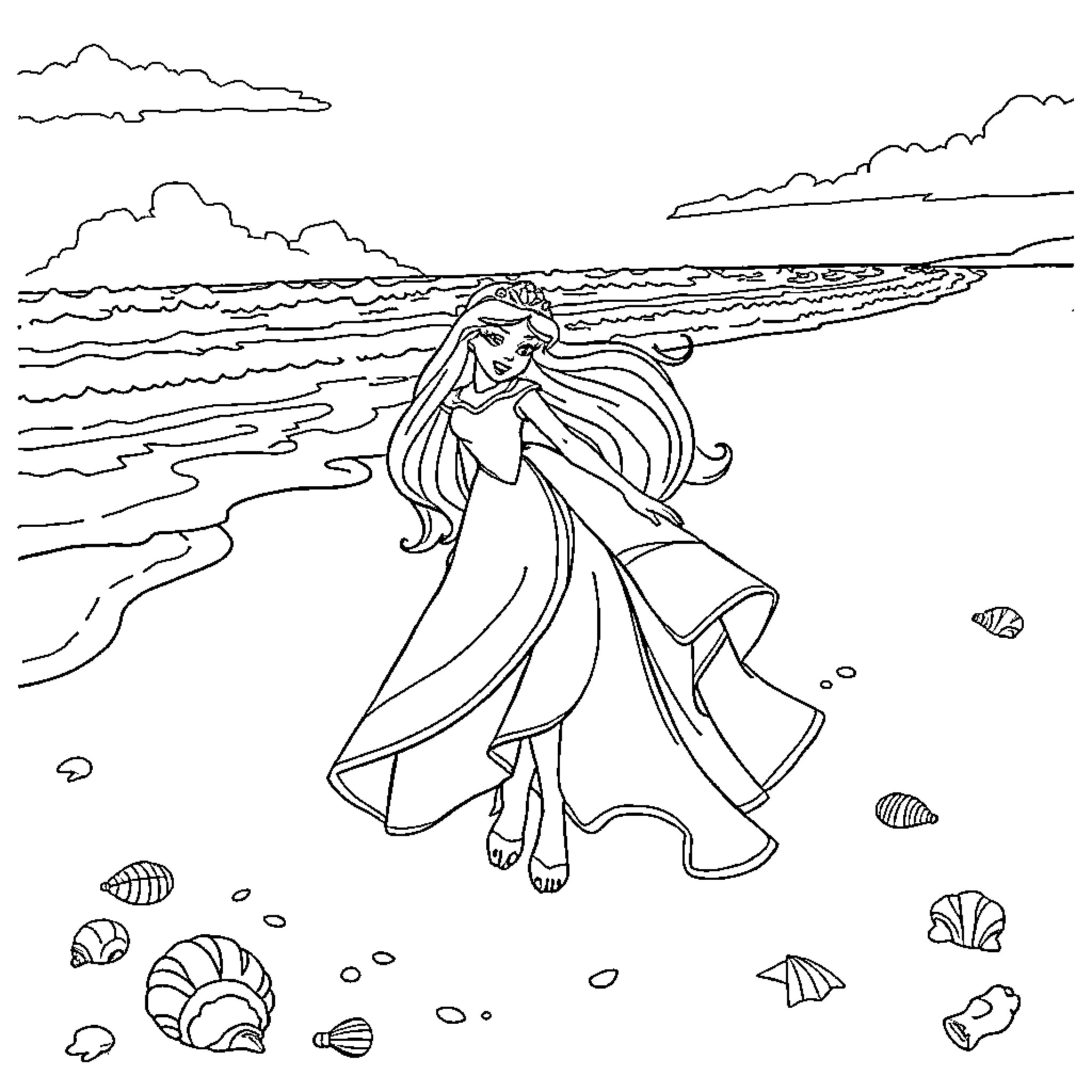 Princess strolling on the beach by the sea Coloring Page (free black-and-white line drawing printable PDF for all, from beginners to advanced learners, including children, teens, adults, and seniors)