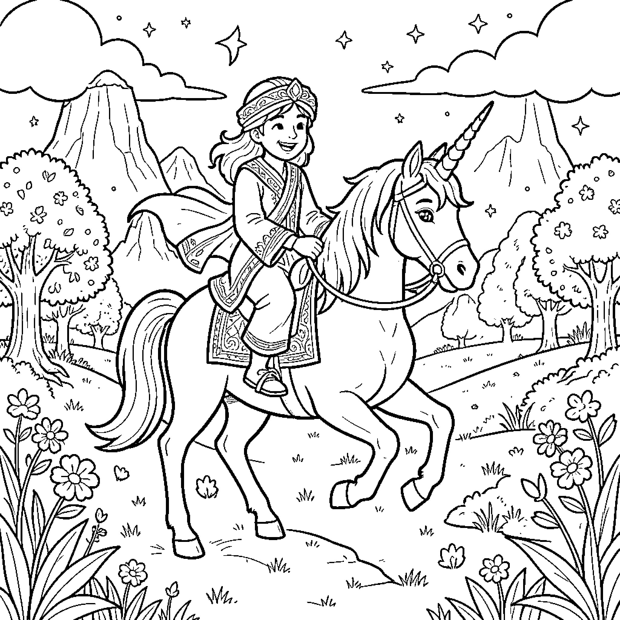 Rumi riding a unicorn through a magical landscape Coloring Page (free black-and-white line drawing printable PDF for all, from beginners to advanced learners, including children, teens, adults, and seniors)