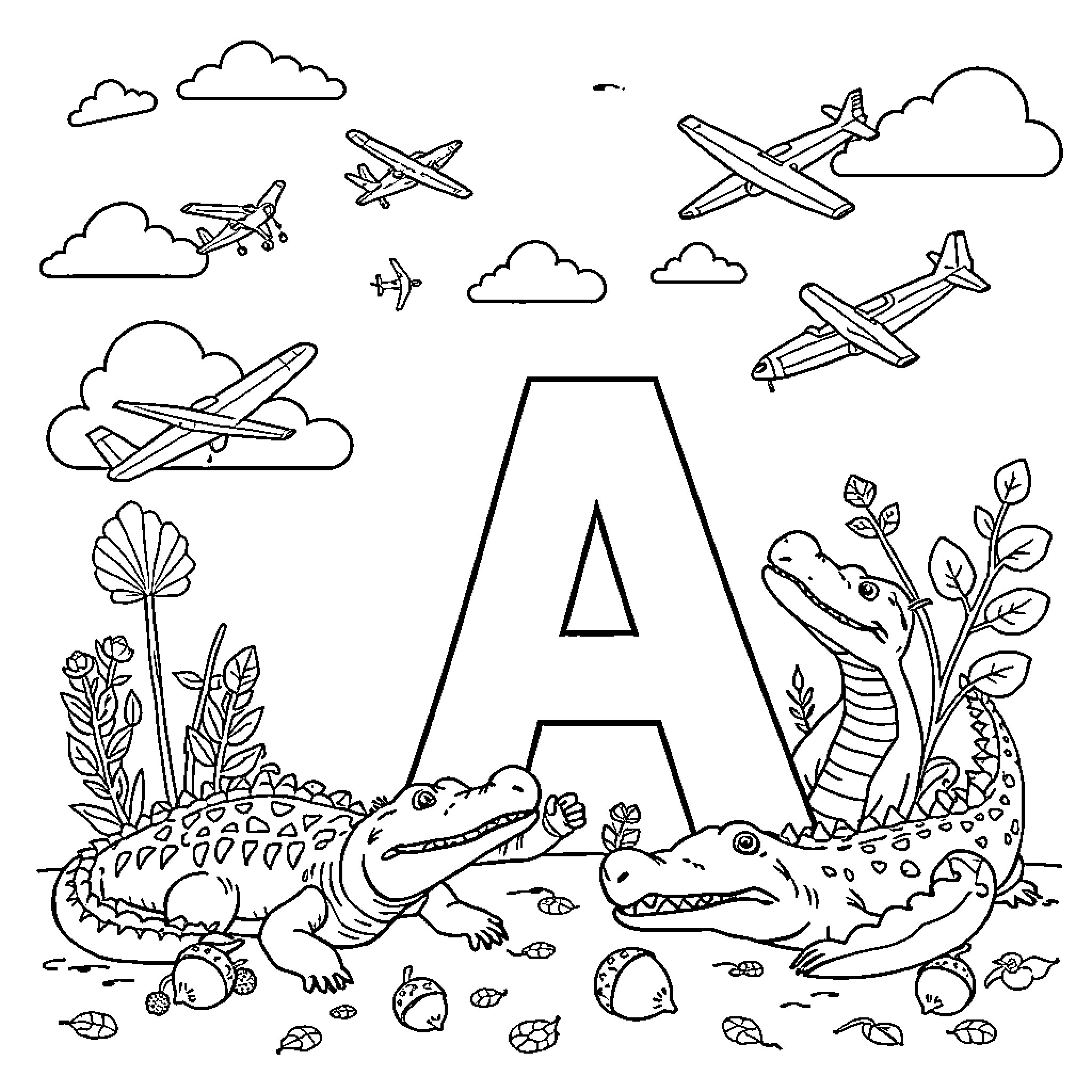 Letter A: Airplanes, Animals, and Adventure Coloring Page (free black-and-white line drawing printable PDF for all, from beginners to advanced learners, including children, teens, adults, and seniors)