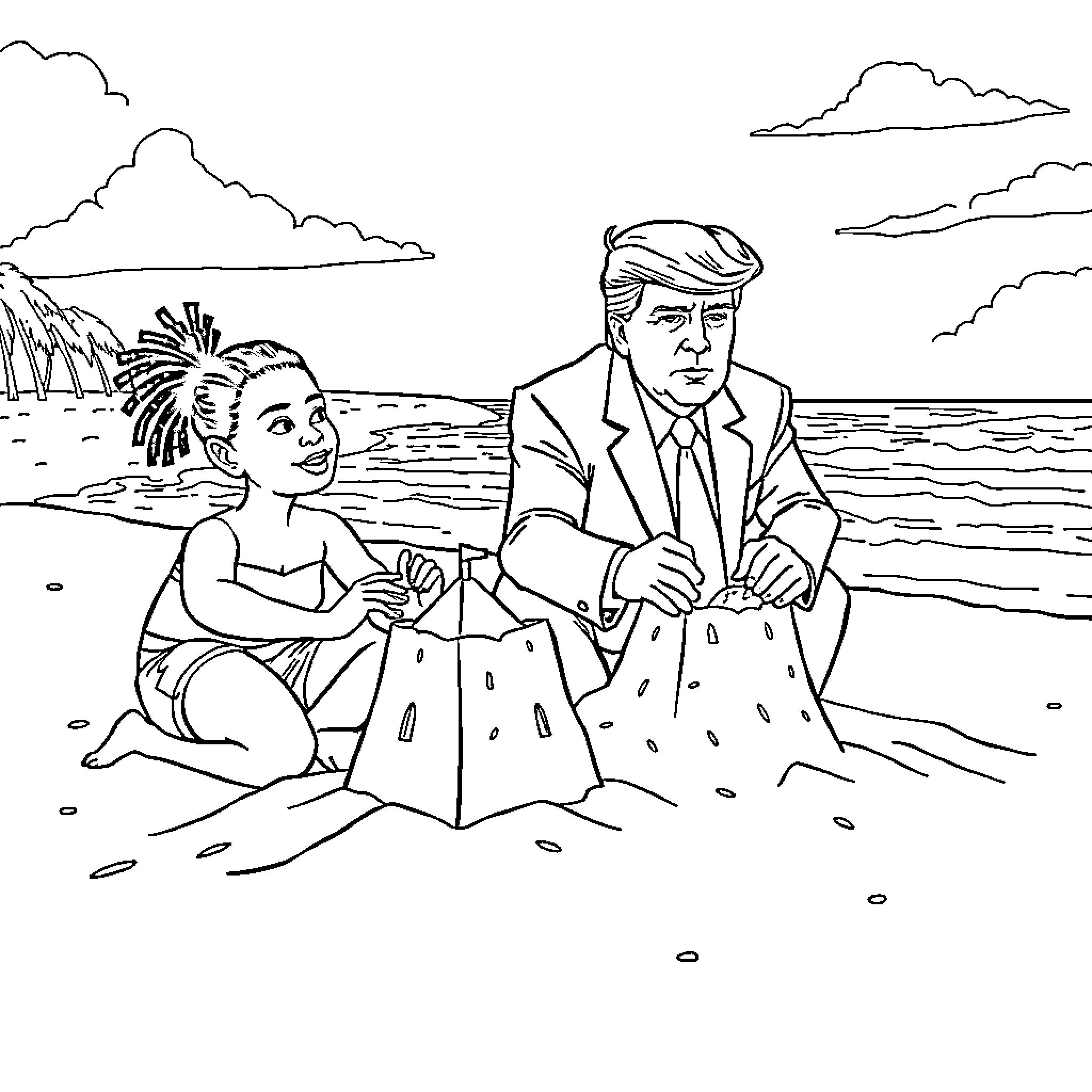 George Weah relaxing with a child on the beach Coloring Page (free black-and-white line drawing printable PDF for all, from beginners to advanced learners, including children, teens, adults, and seniors)