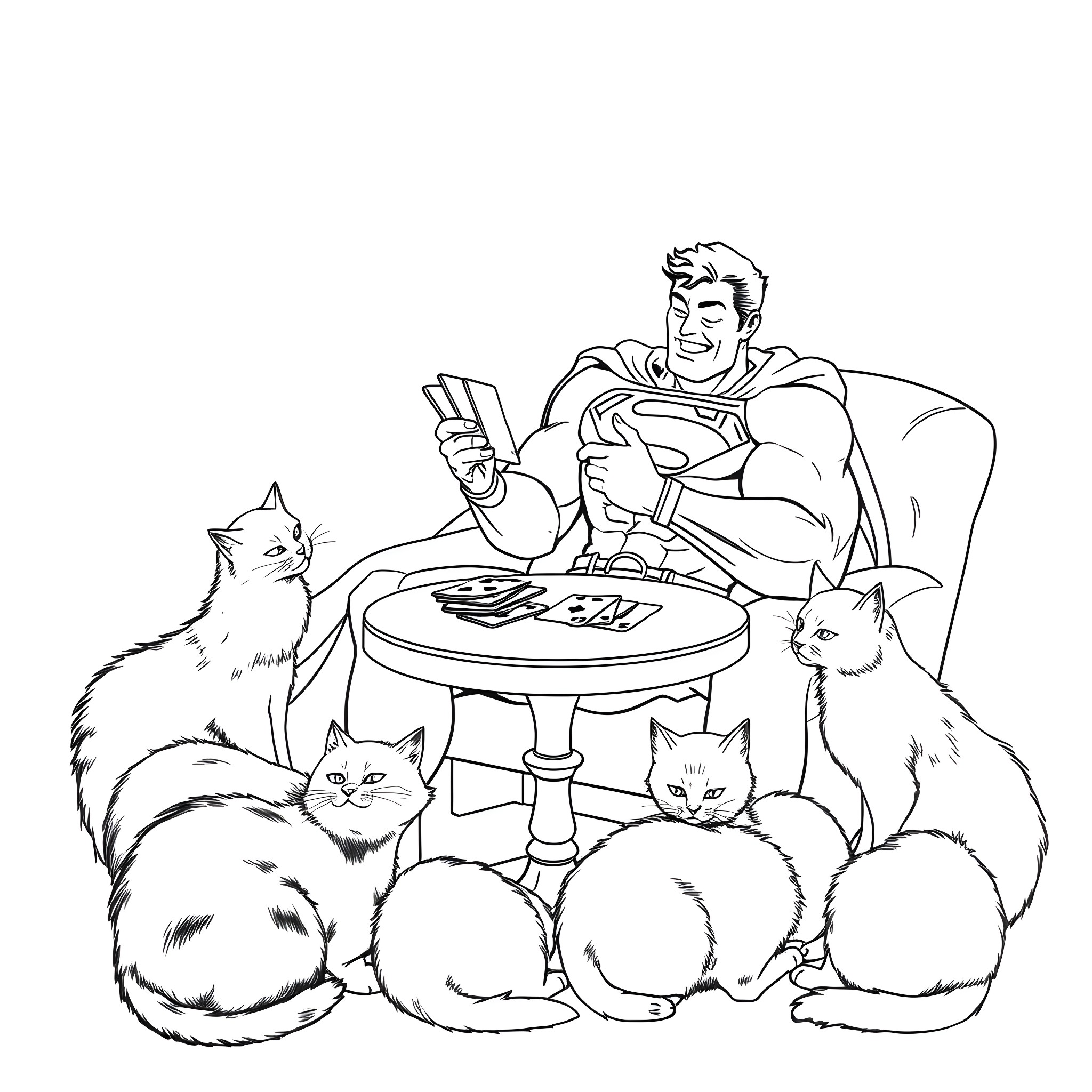 Superman plays video games with his cat friends Coloring Page (free black-and-white line drawing printable PDF for all, from beginners to advanced learners, including children, teens, adults, and seniors)