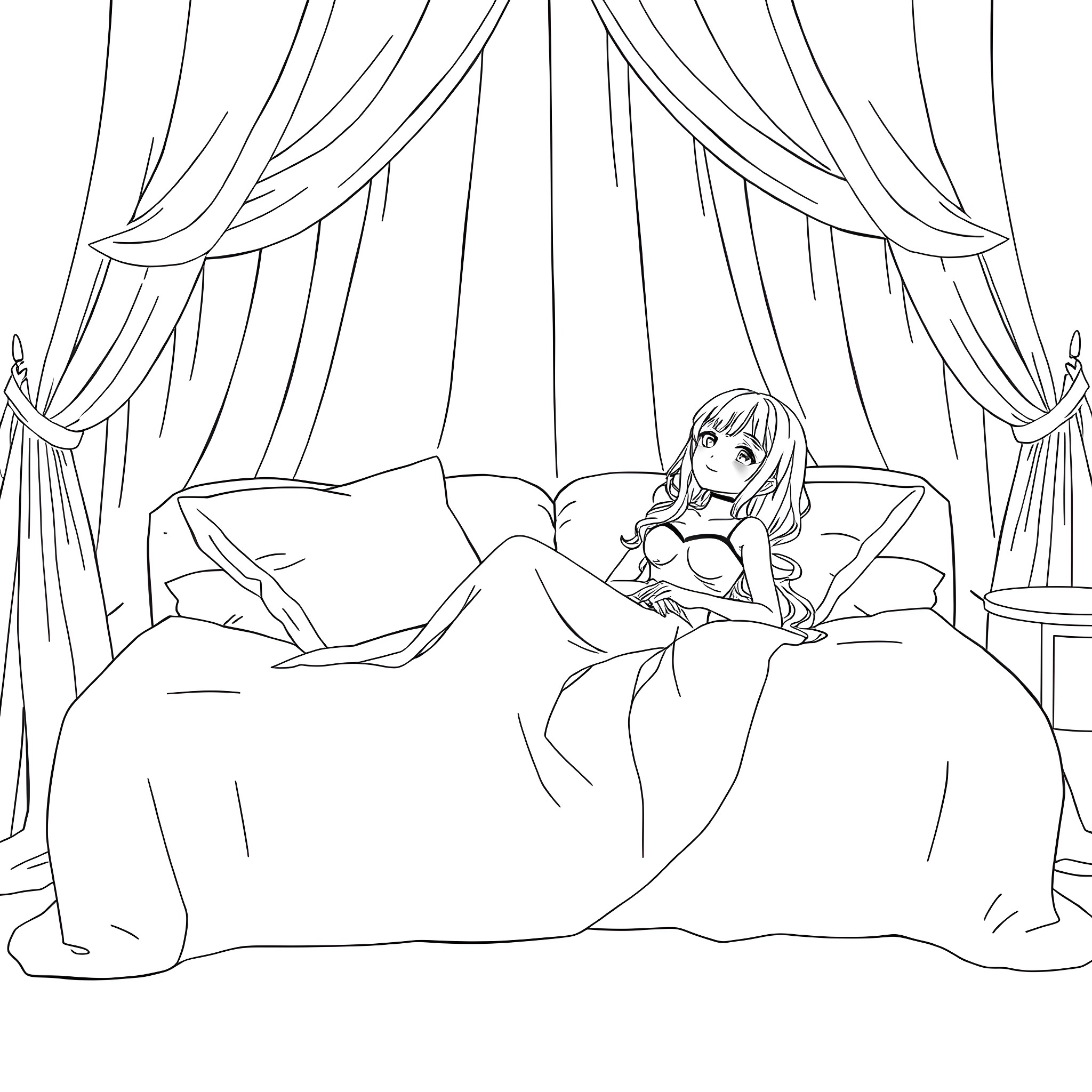 Anime Woman Relaxing on Bed with Curtains Coloring Page (free black-and-white line drawing printable PDF for all, from beginners to advanced learners, including children, teens, adults, and seniors)
