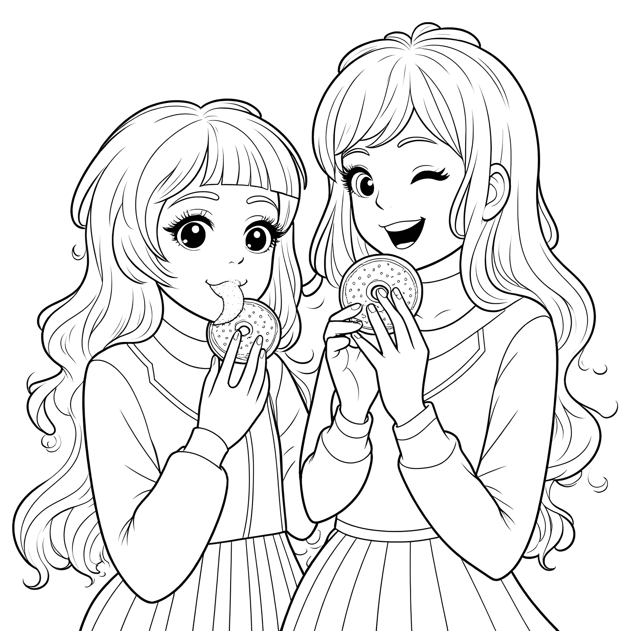 Singer girls enjoying treats together Coloring Page (free black-and-white line drawing printable PDF for all, from beginners to advanced learners, including children, teens, adults, and seniors)