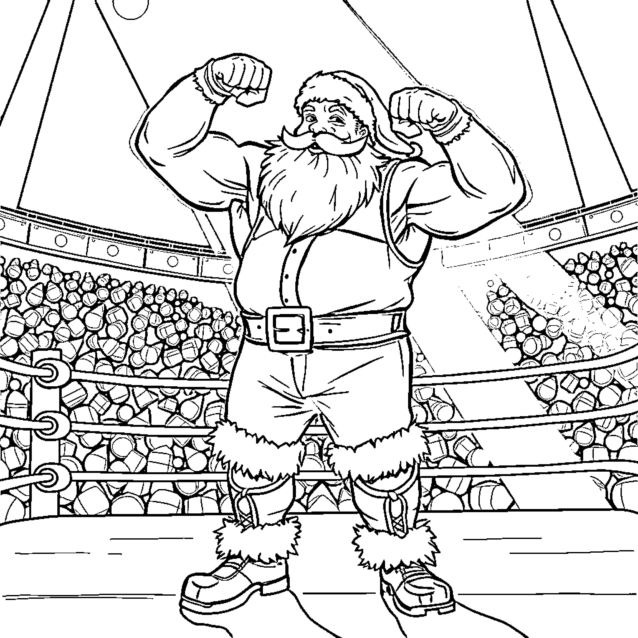 Santa Flexing in a Festive Arena Coloring Page (free black-and-white line drawing printable PDF for all, from beginners to advanced learners, including children, teens, adults, and seniors)