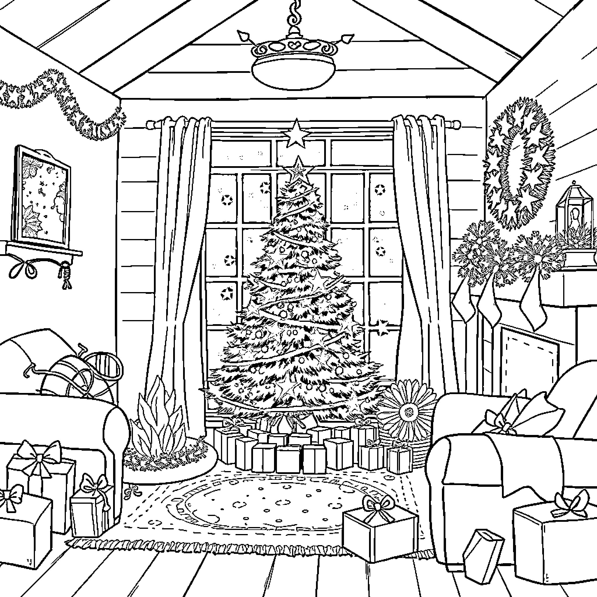 Christmas Cozy Cabin Celebration Coloring Page (free black-and-white line drawing printable PDF for all, from beginners to advanced learners, including children, teens, adults, and seniors)