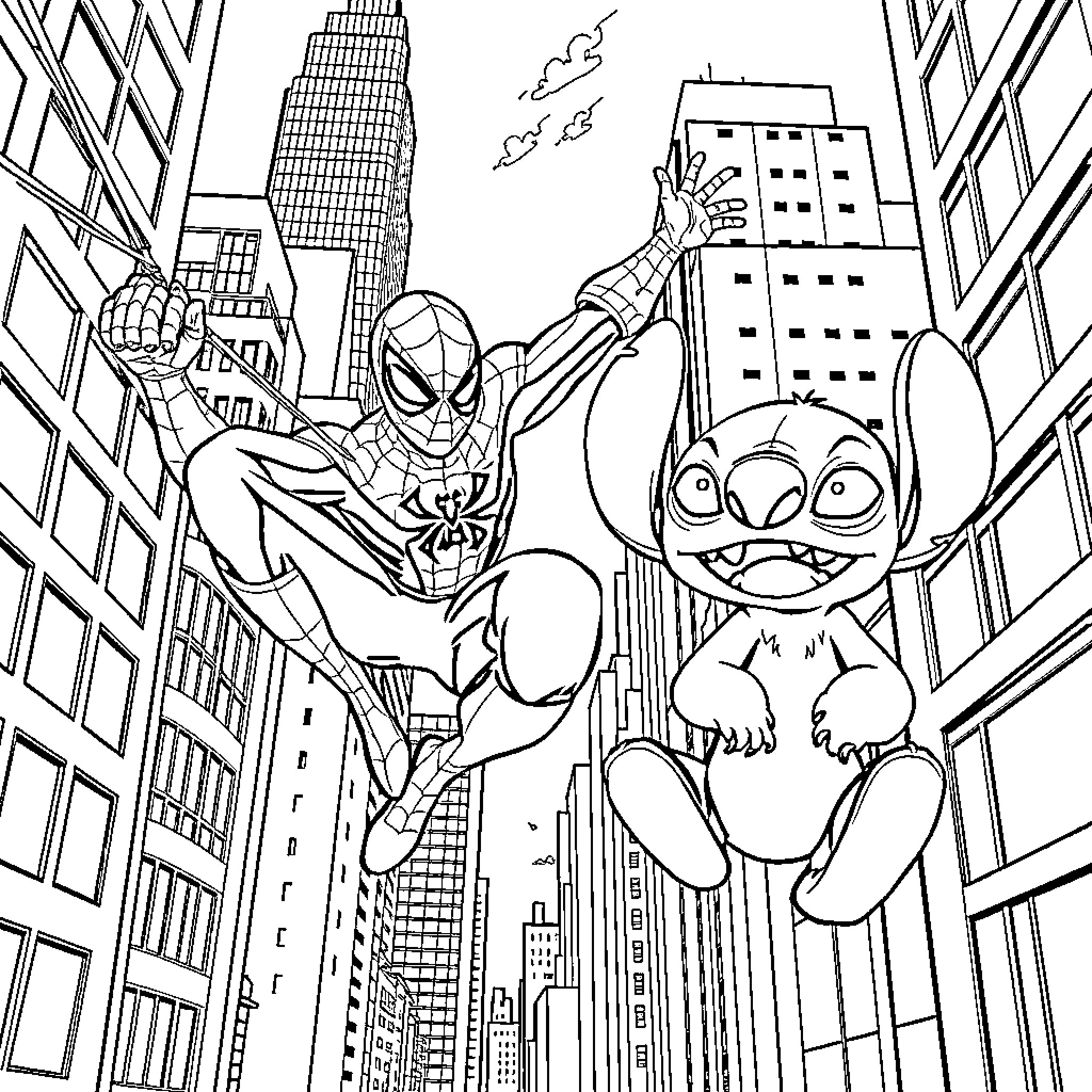Spiderman and Stitch swinging through the city Coloring Page (free black-and-white line drawing printable PDF for all, from beginners to advanced learners, including children, teens, adults, and seniors)