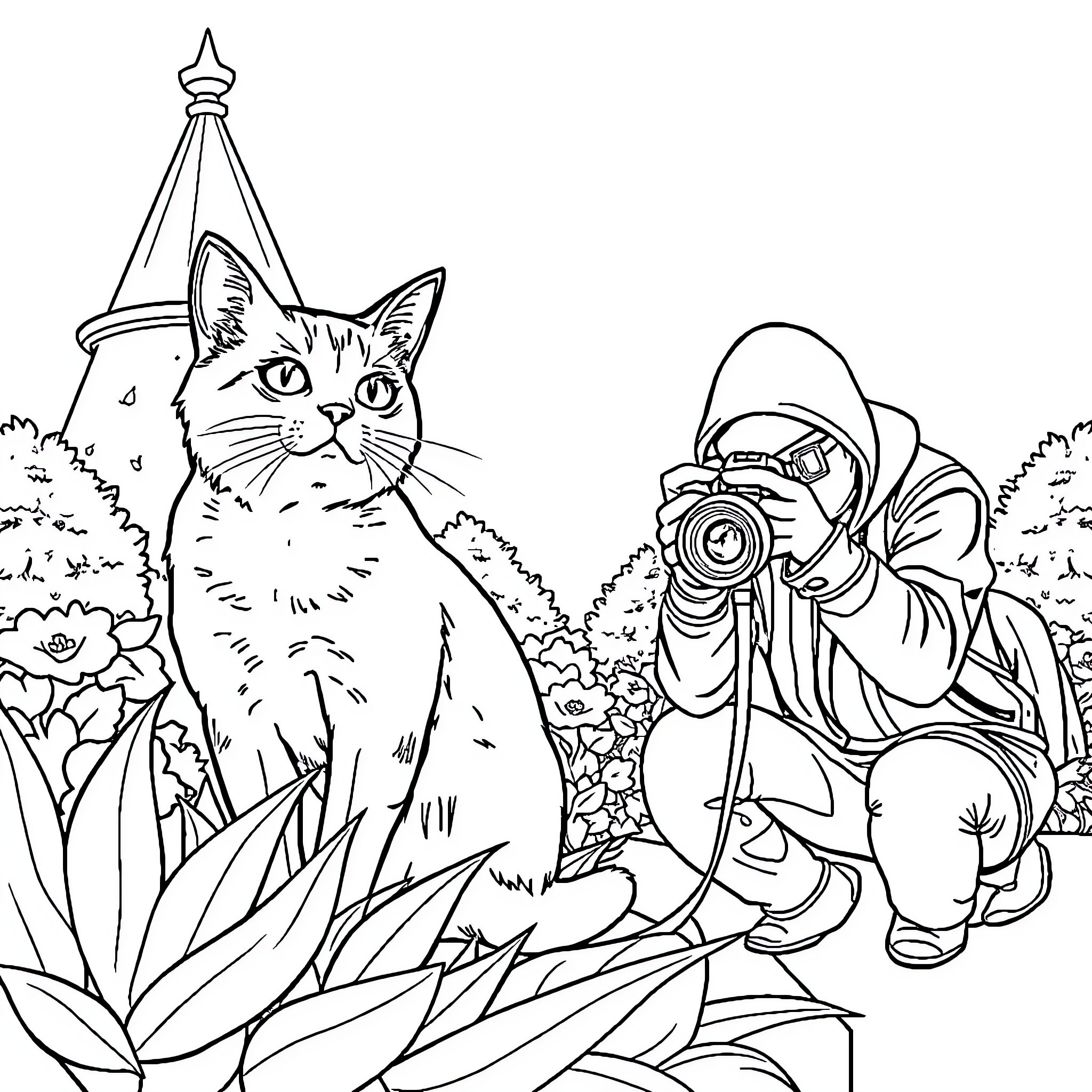 Cat in the Garden with Photographer Coloring Page (free black-and-white line drawing printable PDF for all, from beginners to advanced learners, including children, teens, adults, and seniors)