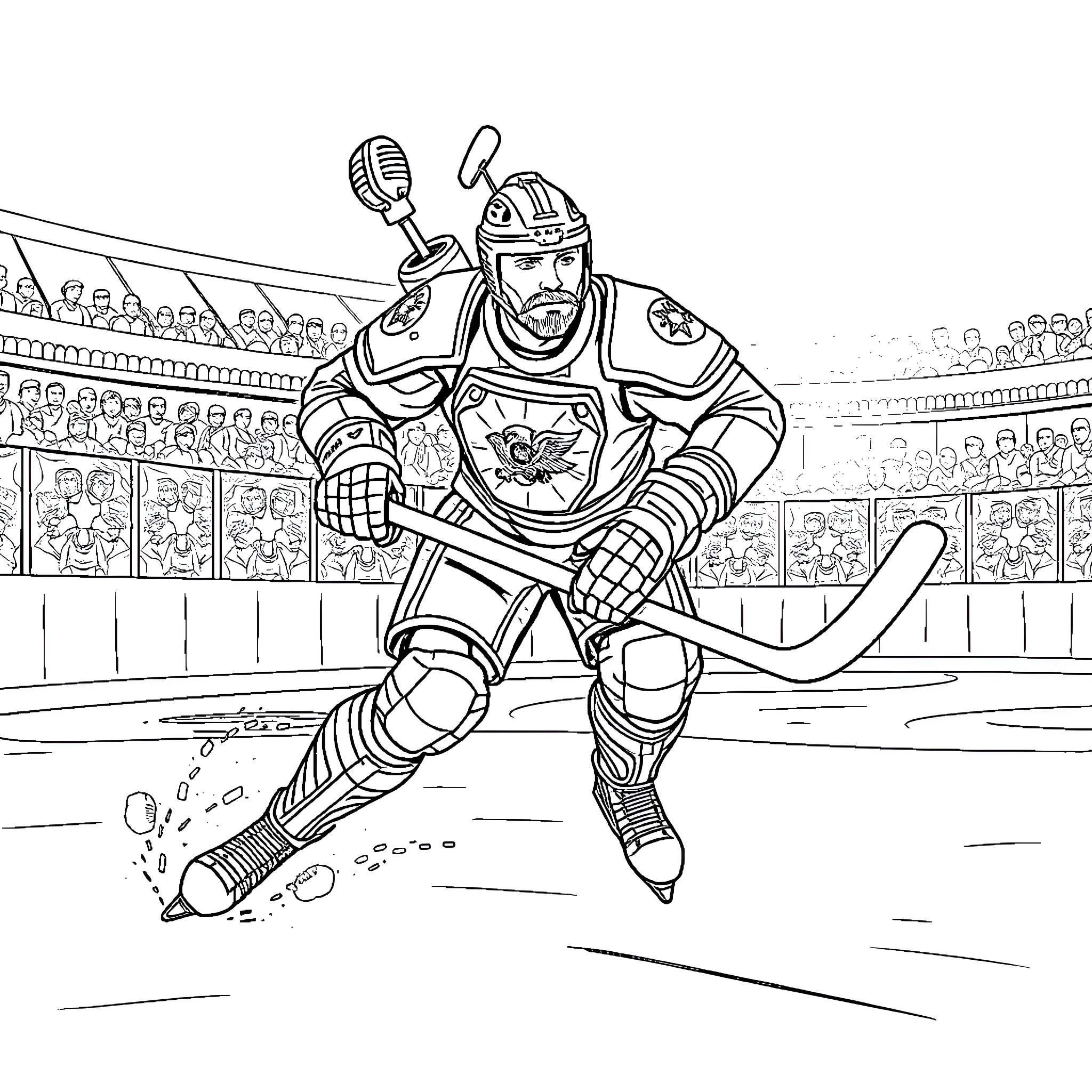 Masterchief hockey player in action on the ice rink Coloring Page (free black-and-white line drawing printable PDF for all, from beginners to advanced learners, including children, teens, adults, and seniors)