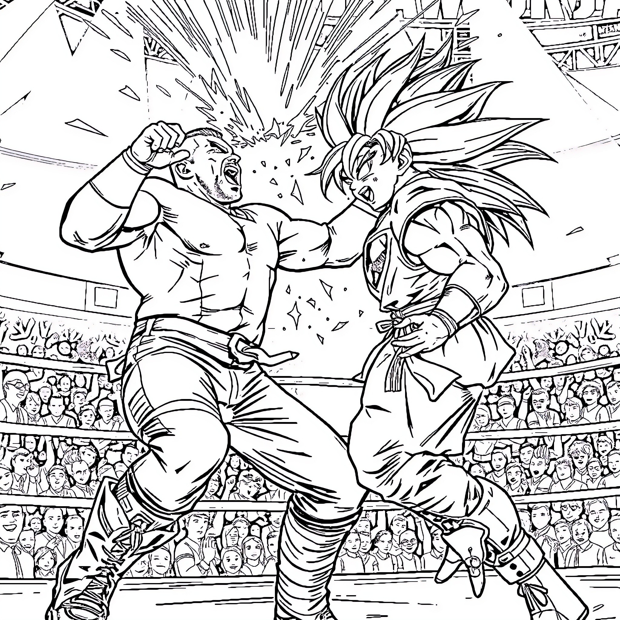 John Cena and Goku Engage in Intense Battle Coloring Page (free black-and-white line drawing printable PDF for all, from beginners to advanced learners, including children, teens, adults, and seniors)