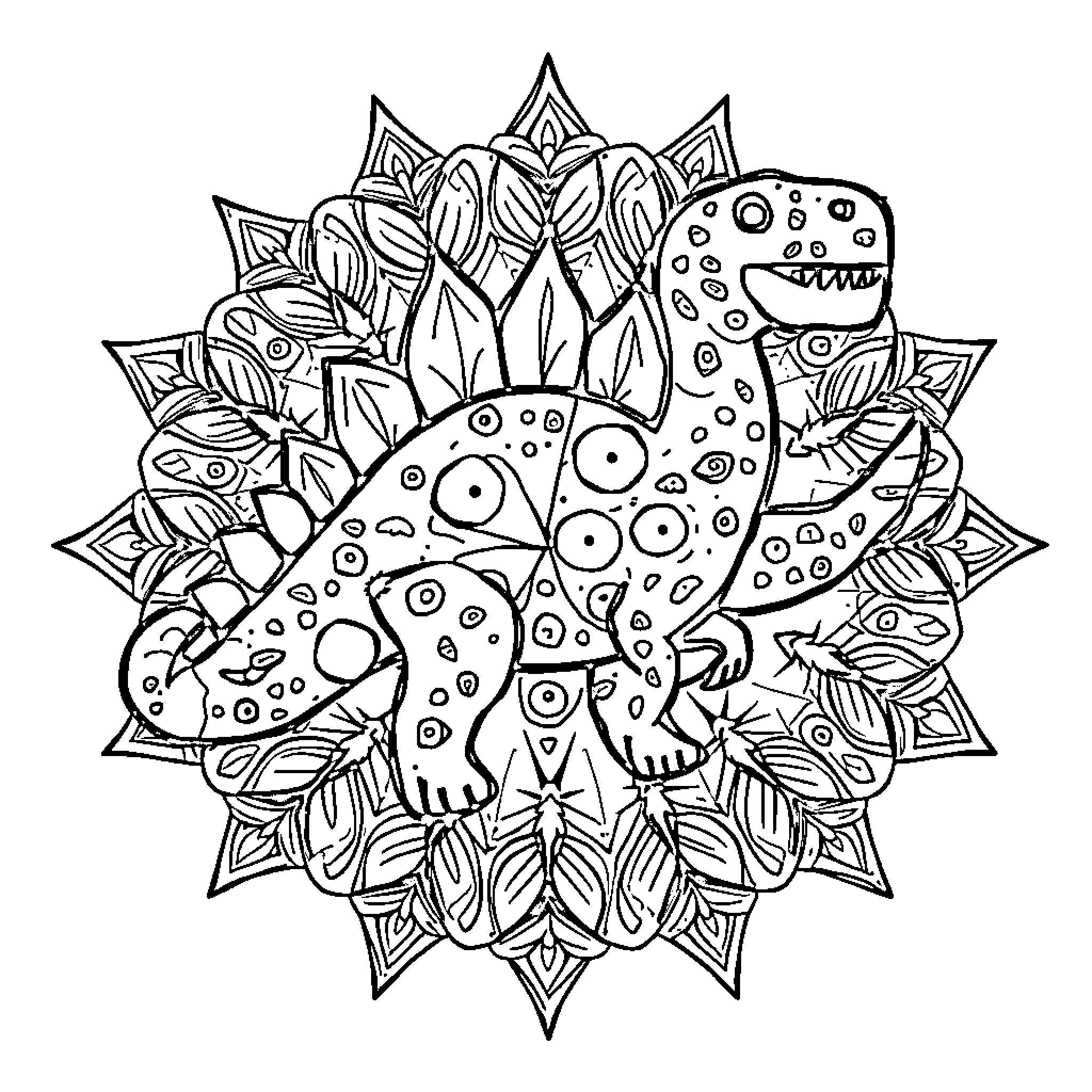 Dino decorative mandala design Coloring Page (free black-and-white line drawing printable PDF for all, from beginners to advanced learners, including children, teens, adults, and seniors)