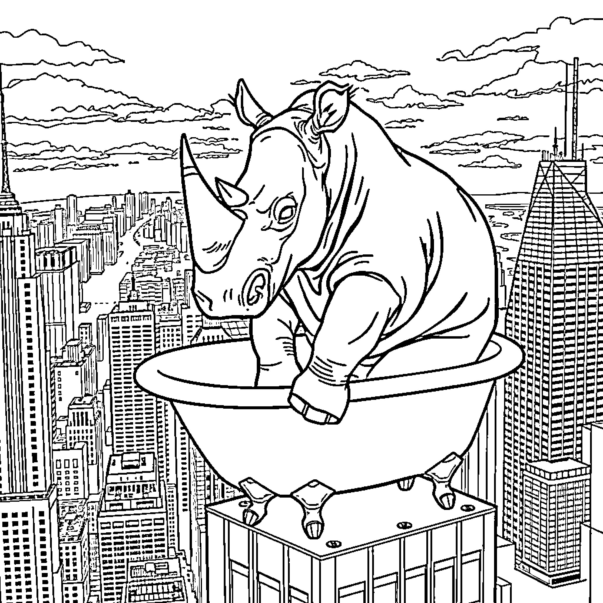 Rhino relaxing atop a skyscraper in the city Coloring Page (free black-and-white line drawing printable PDF for all, from beginners to advanced learners, including children, teens, adults, and seniors)