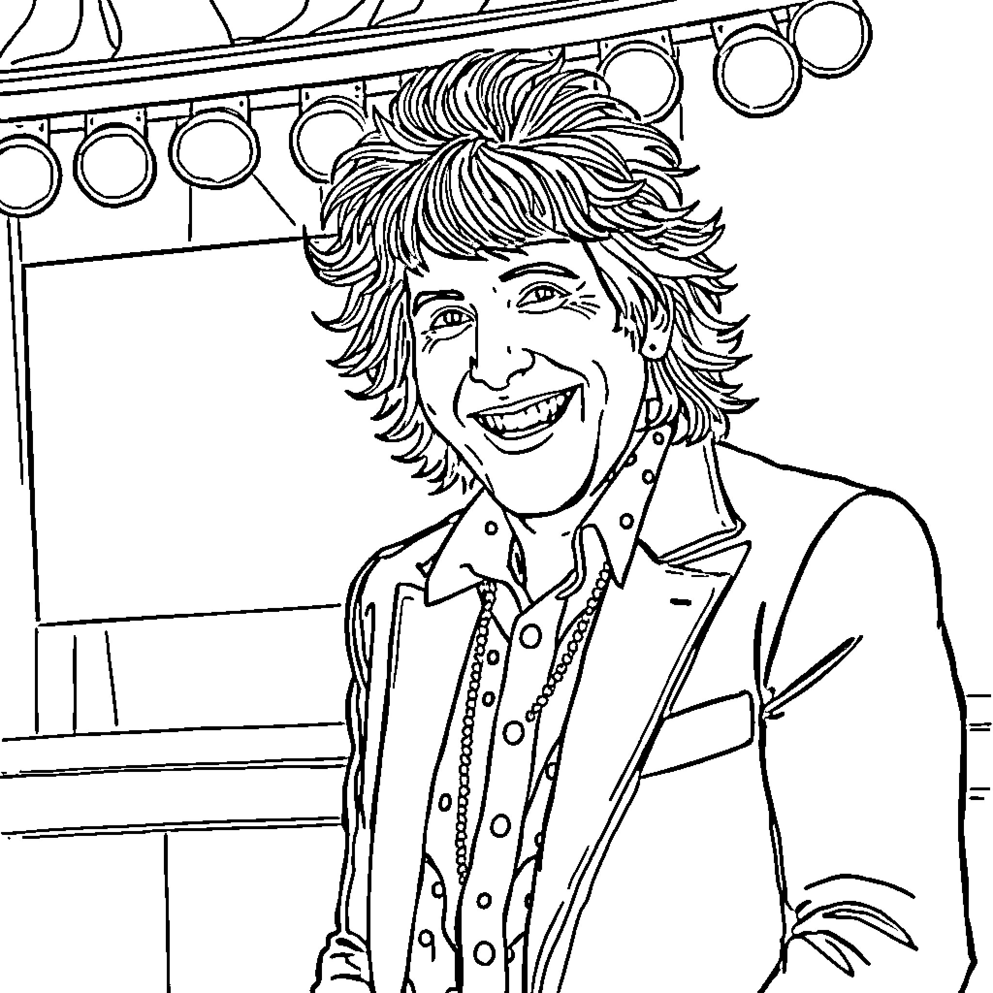 Noel Fielding in a Smiling, Dressed-up Portrait Coloring Page (free black-and-white line drawing printable PDF for all, from beginners to advanced learners, including children, teens, adults, and seniors)