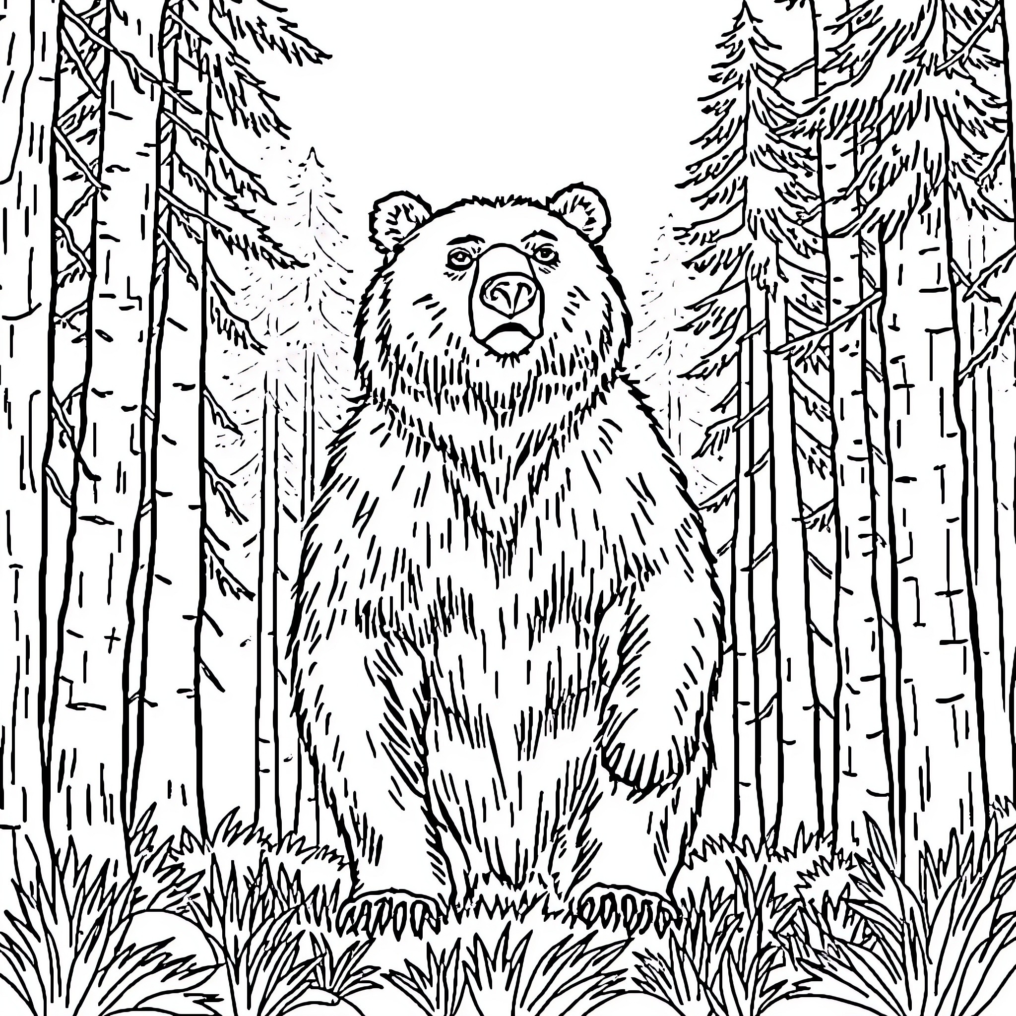 Bear standing in forest with pine trees Coloring Page (free black-and-white line drawing printable PDF for all, from beginners to advanced learners, including children, teens, adults, and seniors)