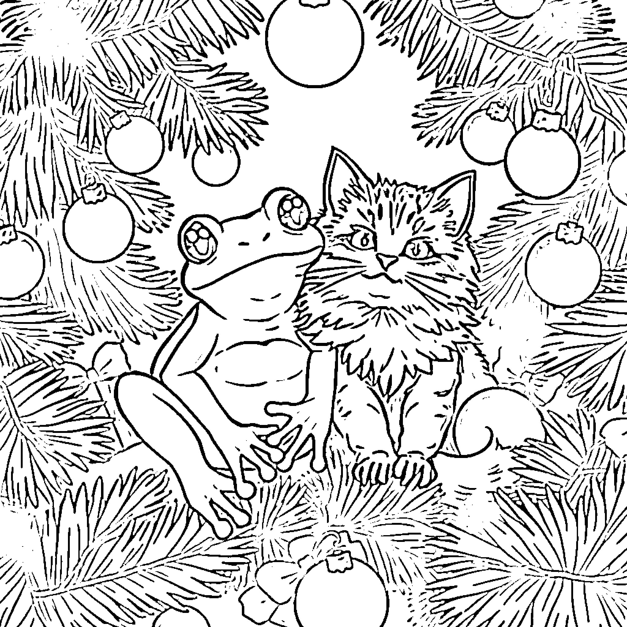 Frog and cat among Christmas decorations Coloring Page (free black-and-white line drawing printable PDF for all, from beginners to advanced learners, including children, teens, adults, and seniors)