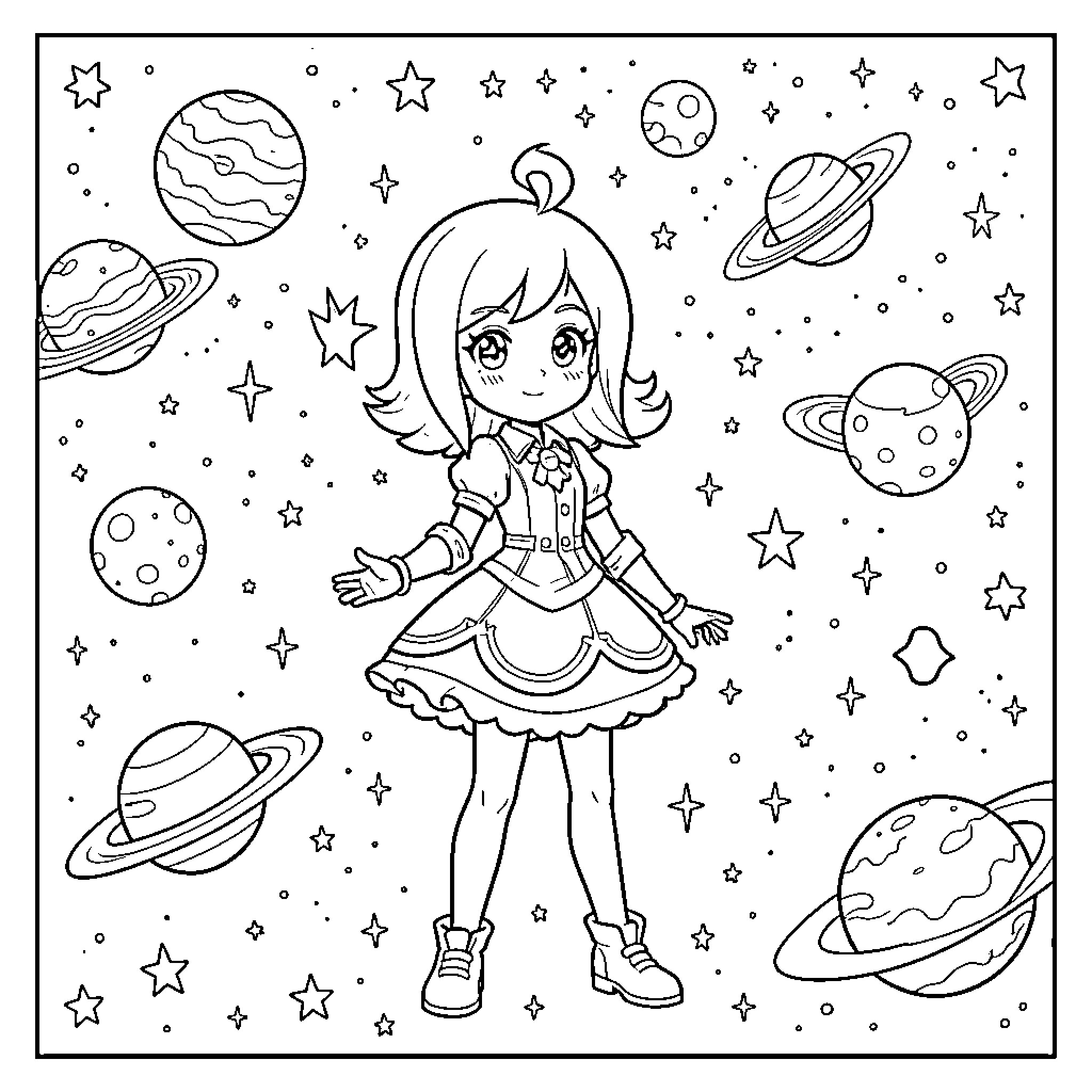 Rosalina standing amidst a vast space scene Coloring Page (free black-and-white line drawing printable PDF for all, from beginners to advanced learners, including children, teens, adults, and seniors)