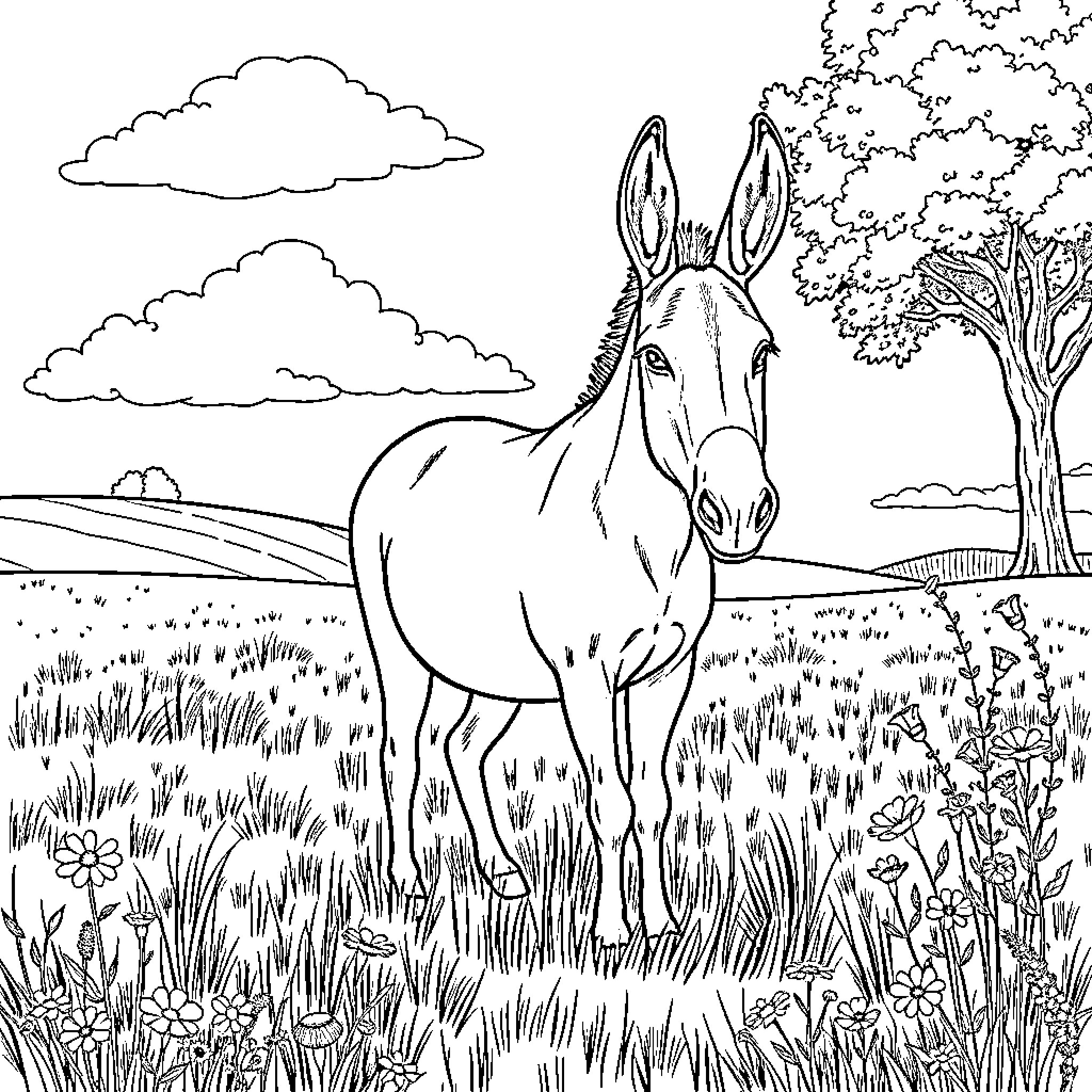 Donkey grazing peacefully in a lush meadow Coloring Page (free black-and-white line drawing printable PDF for all, from beginners to advanced learners, including children, teens, adults, and seniors)