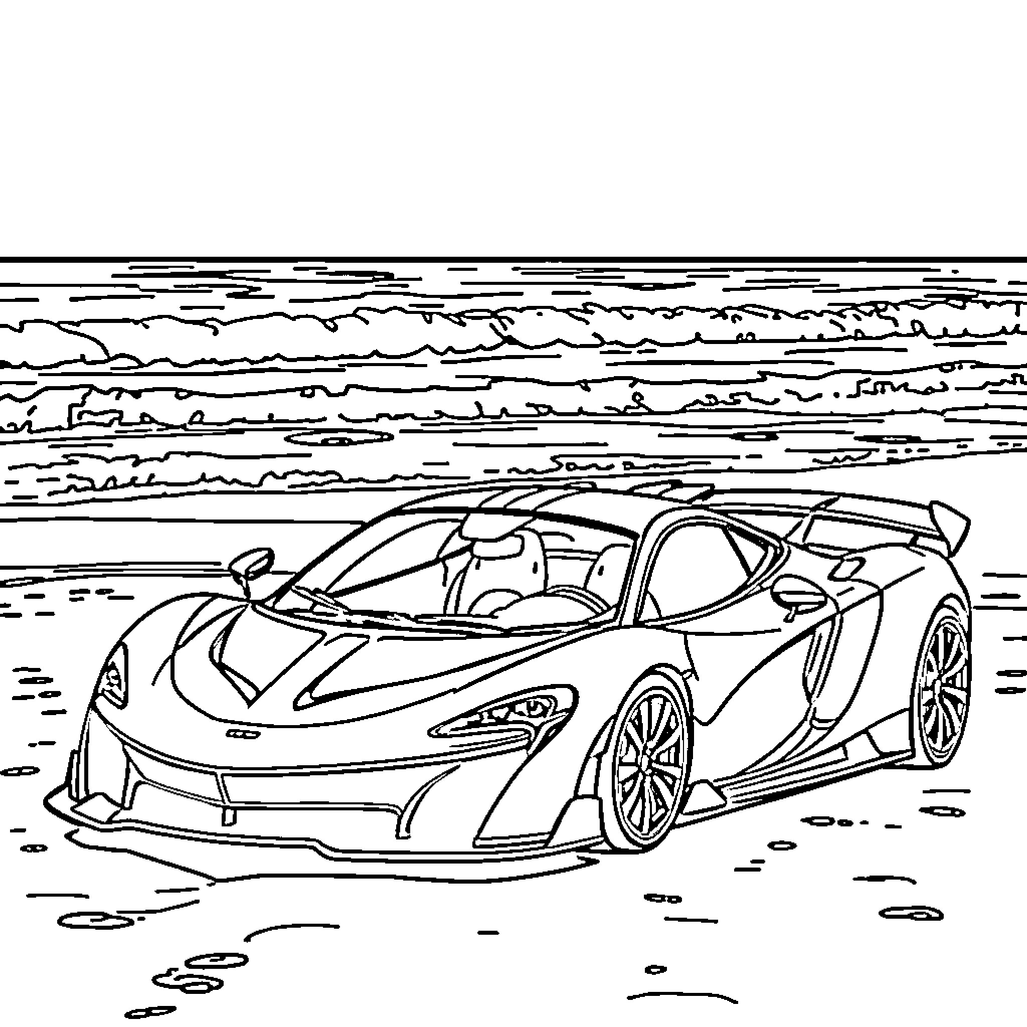 McLaren supercar on the open road Coloring Page (free black-and-white line drawing printable PDF for all, from beginners to advanced learners, including children, teens, adults, and seniors)