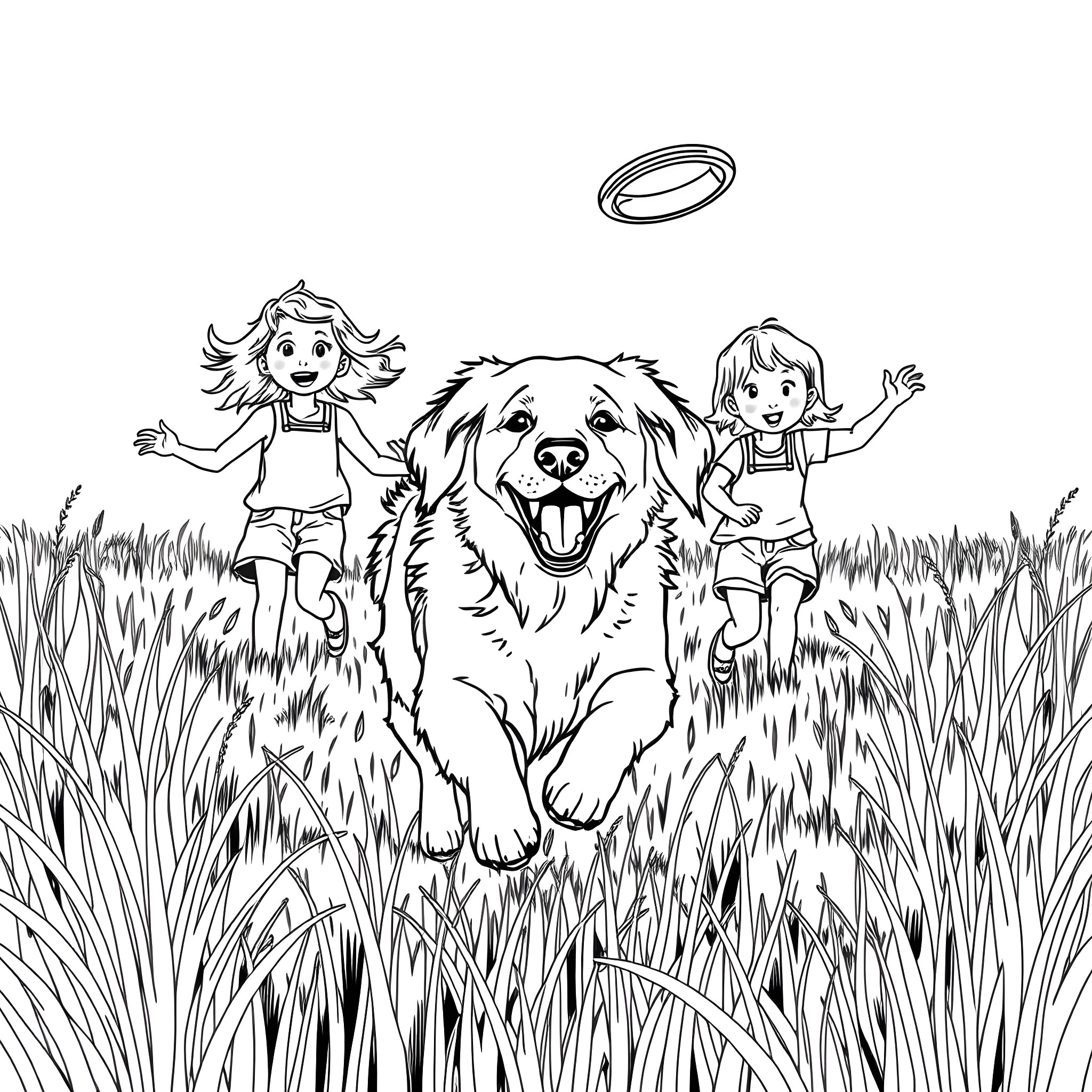 Golden Retriever playing joyfully with children in a field Coloring Page (free black-and-white line drawing printable PDF for all, from beginners to advanced learners, including children, teens, adults, and seniors)