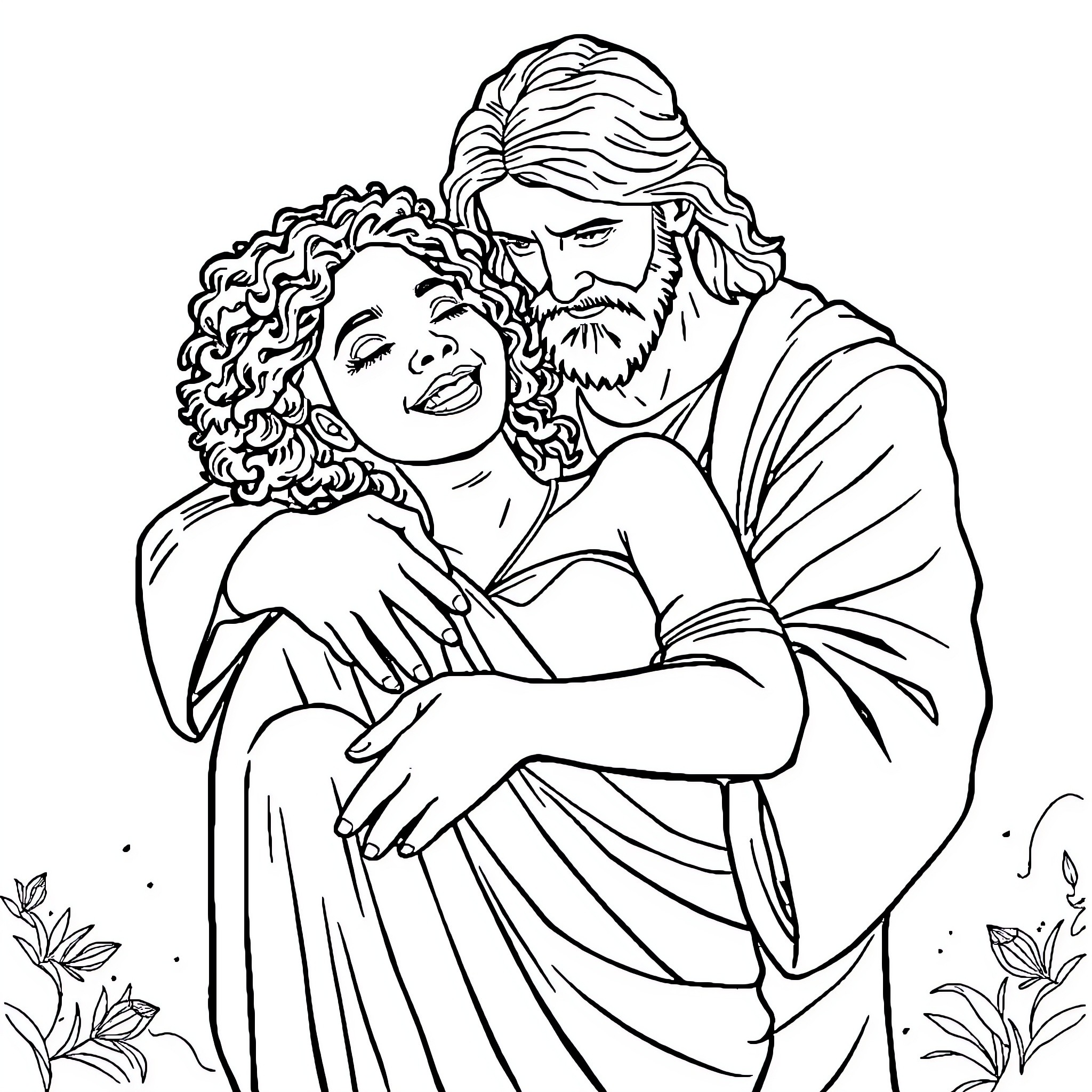 Jesus embracing a joyful woman in a serene setting Coloring Page (free black-and-white line drawing printable PDF for all, from beginners to advanced learners, including children, teens, adults, and seniors)