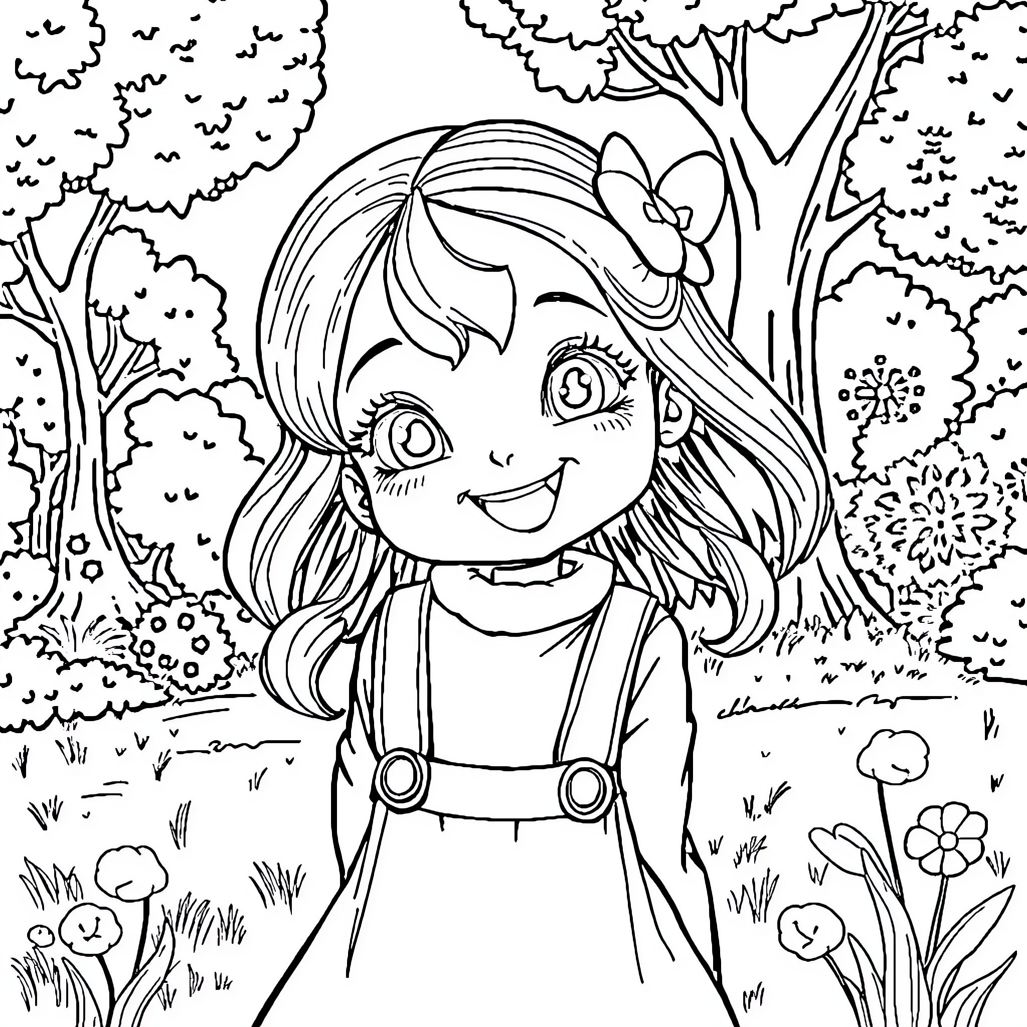 Sisi exploring the enchanting forest Coloring Page (free black-and-white line drawing printable PDF for all, from beginners to advanced learners, including children, teens, adults, and seniors)