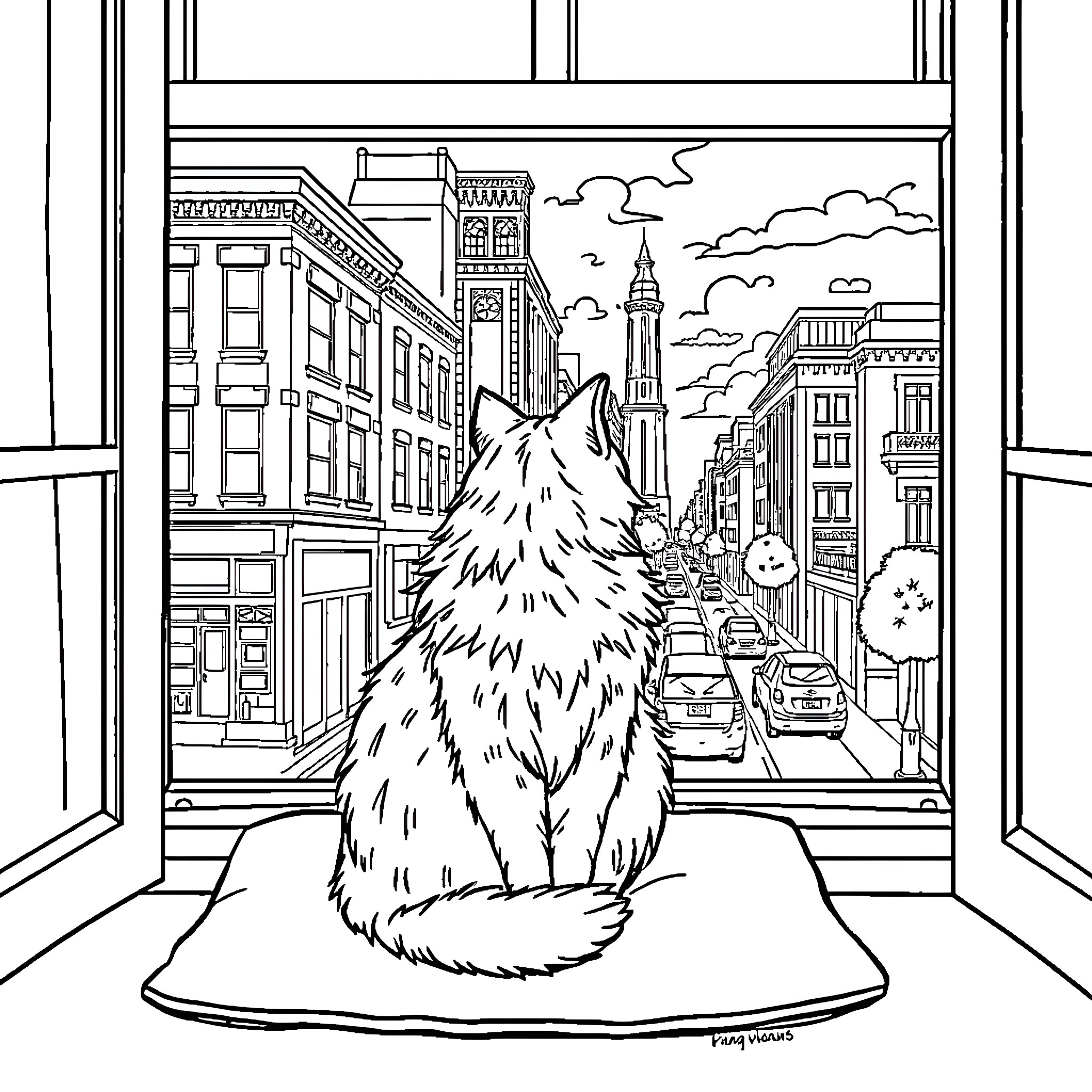 Cat Gazing Out at Bustling City Skyline Coloring Page (free black-and-white line drawing printable PDF for all, from beginners to advanced learners, including children, teens, adults, and seniors)