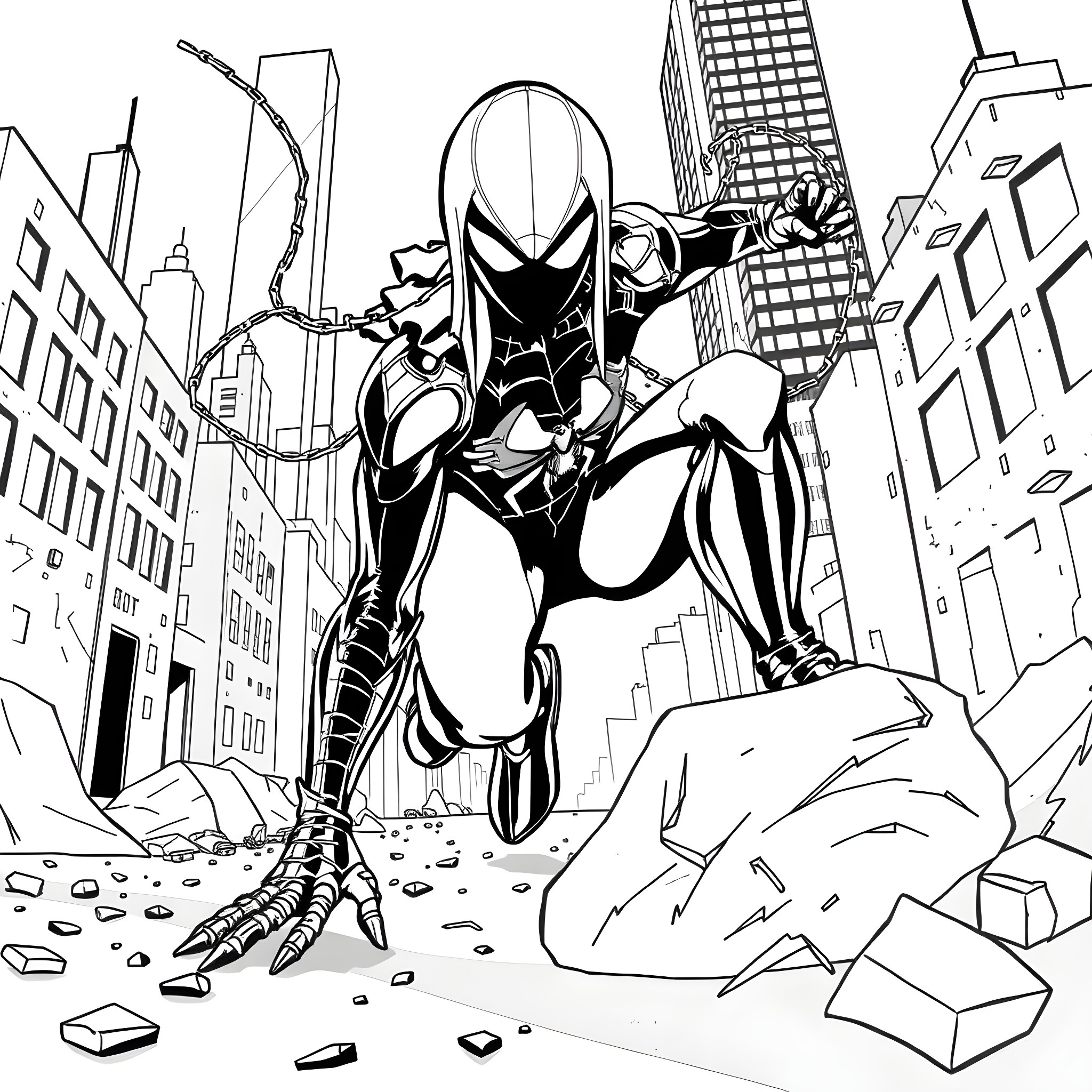 Black Widow in Action: Superhero Saves the City Coloring Page (free black-and-white line drawing printable PDF for all, from beginners to advanced learners, including children, teens, adults, and seniors)