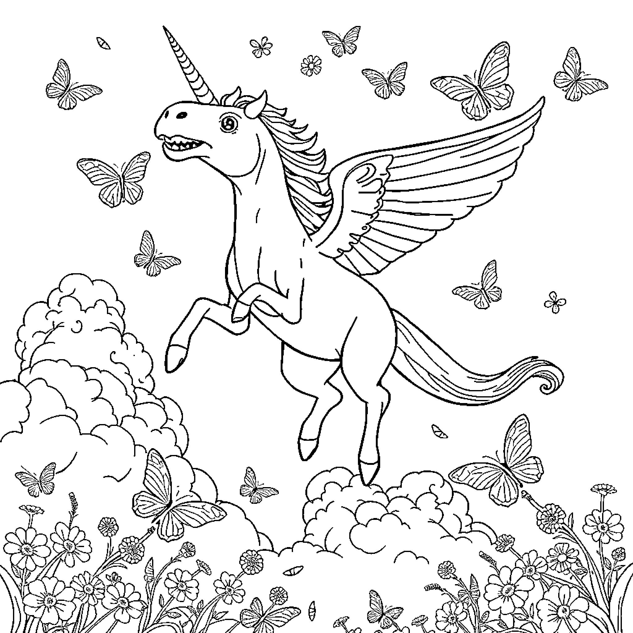 Unicorn Dinosaur soaring with butterflies in a flowery field Coloring Page (free black-and-white line drawing printable PDF for all, from beginners to advanced learners, including children, teens, adults, and seniors)