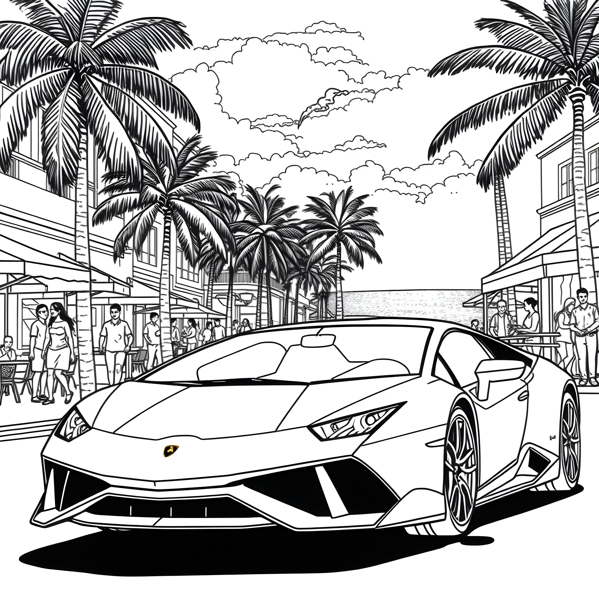 Lamborghini sports car on tropical beach with palm trees Coloring Page (free black-and-white line drawing printable PDF for all, from beginners to advanced learners, including children, teens, adults, and seniors)