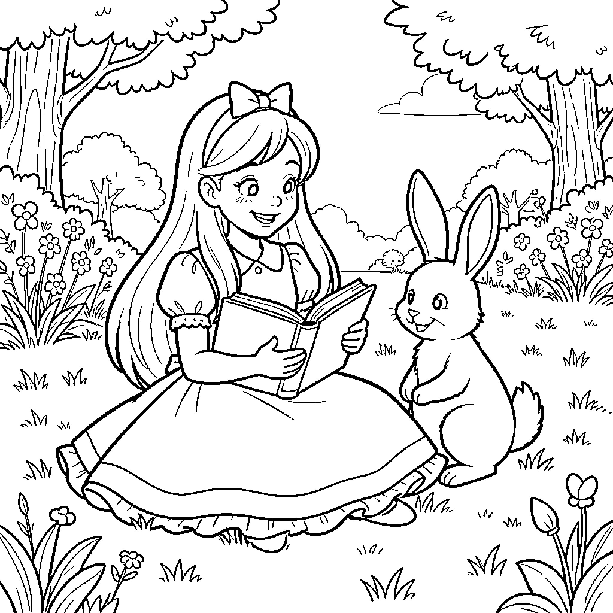 Alice reading a book with a bunny in the forest Coloring Page (free black-and-white line drawing printable PDF for all, from beginners to advanced learners, including children, teens, adults, and seniors)
