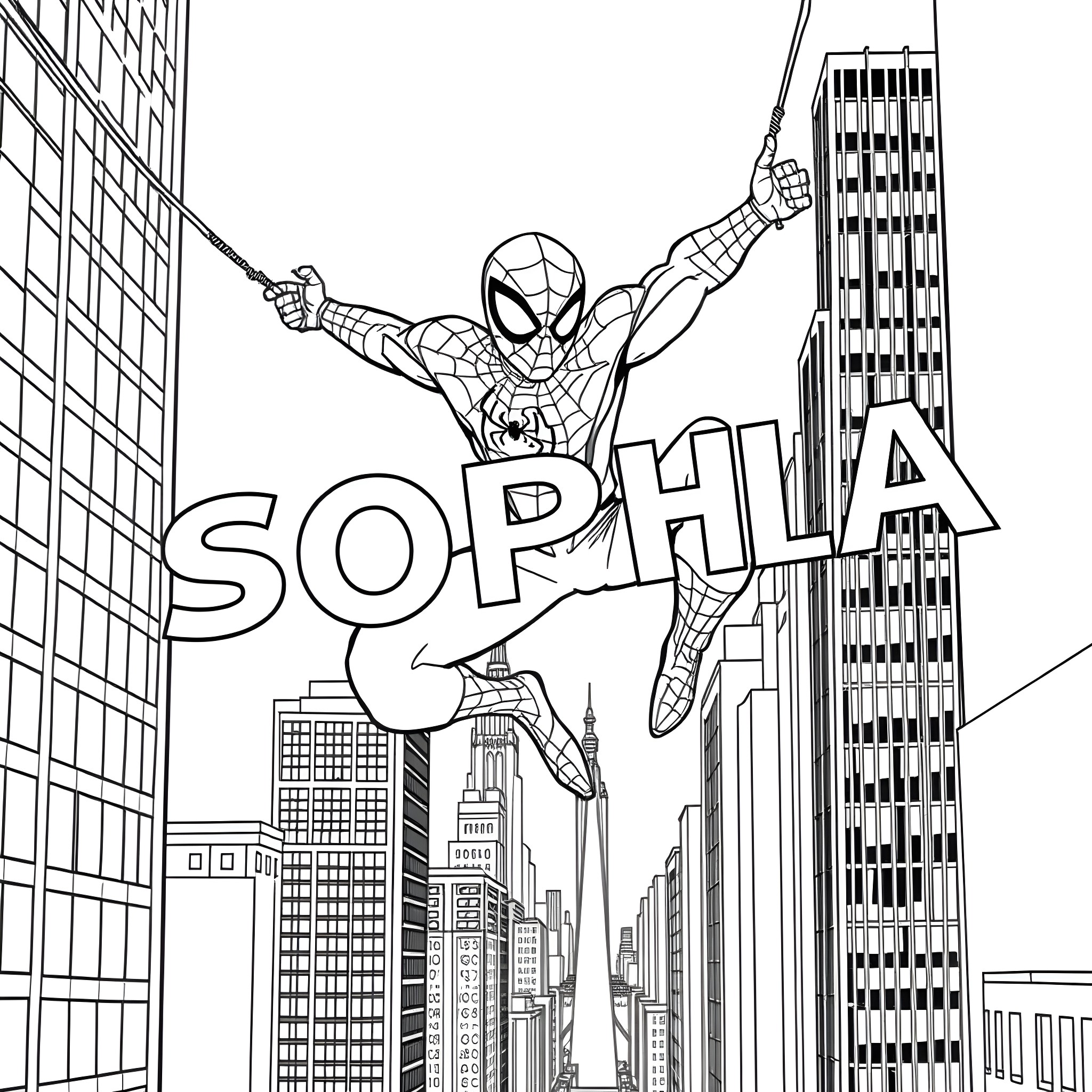 Spiderman swinging through the city skyline Coloring Page (free black-and-white line drawing printable PDF for all, from beginners to advanced learners, including children, teens, adults, and seniors)