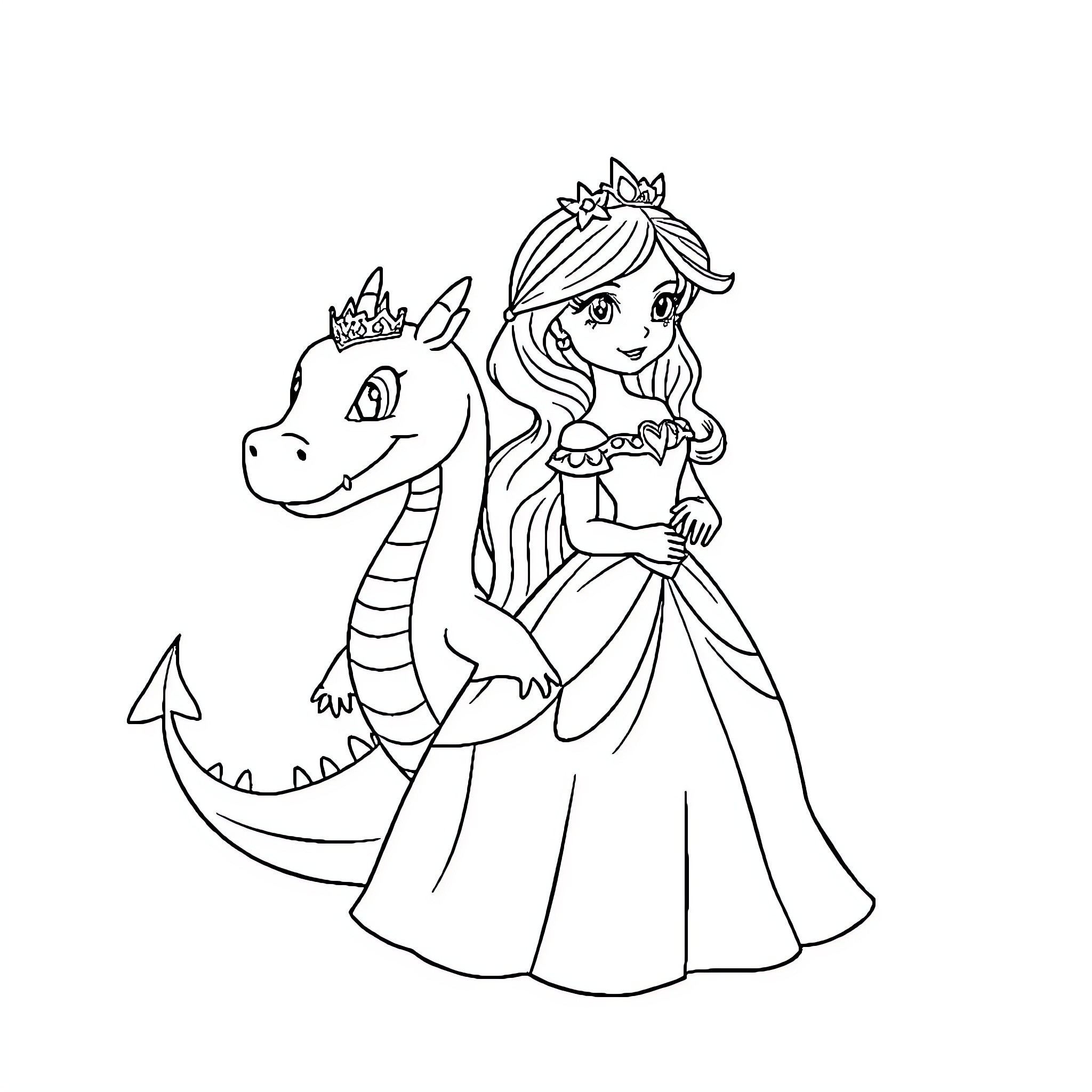 Princess and her dragon companion Coloring Page (free black-and-white line drawing printable PDF for all, from beginners to advanced learners, including children, teens, adults, and seniors)