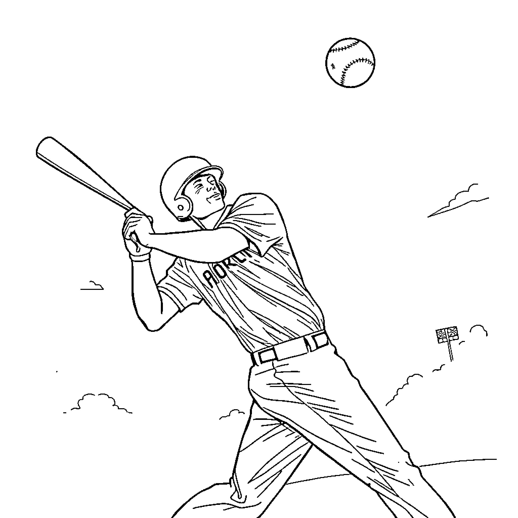 Baseball Player Batting in the Ballpark Coloring Page (free black-and-white line drawing printable PDF for all, from beginners to advanced learners, including children, teens, adults, and seniors)