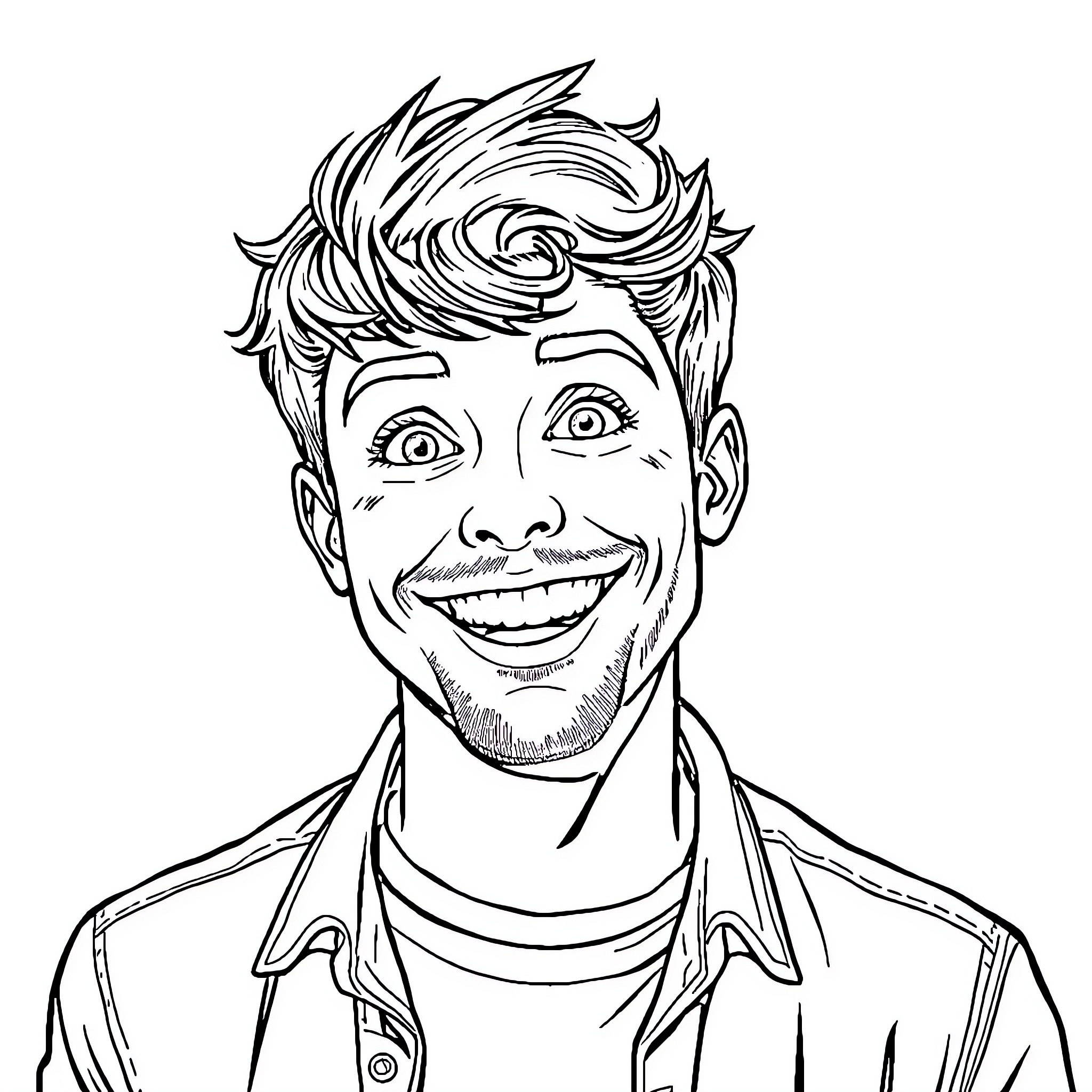 Guy with cheerful expression and disheveled hairstyle Coloring Page (free black-and-white line drawing printable PDF for all, from beginners to advanced learners, including children, teens, adults, and seniors)