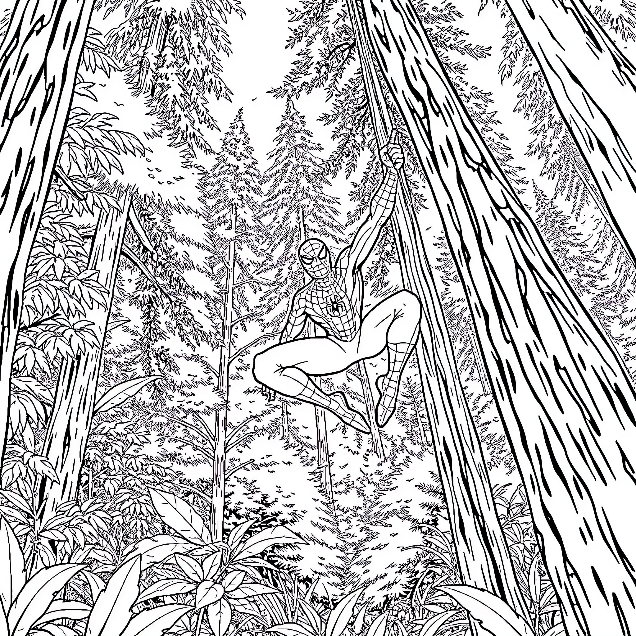 Spiderman swinging through a dense forest Coloring Page (free black-and-white line drawing printable PDF for all, from beginners to advanced learners, including children, teens, adults, and seniors)