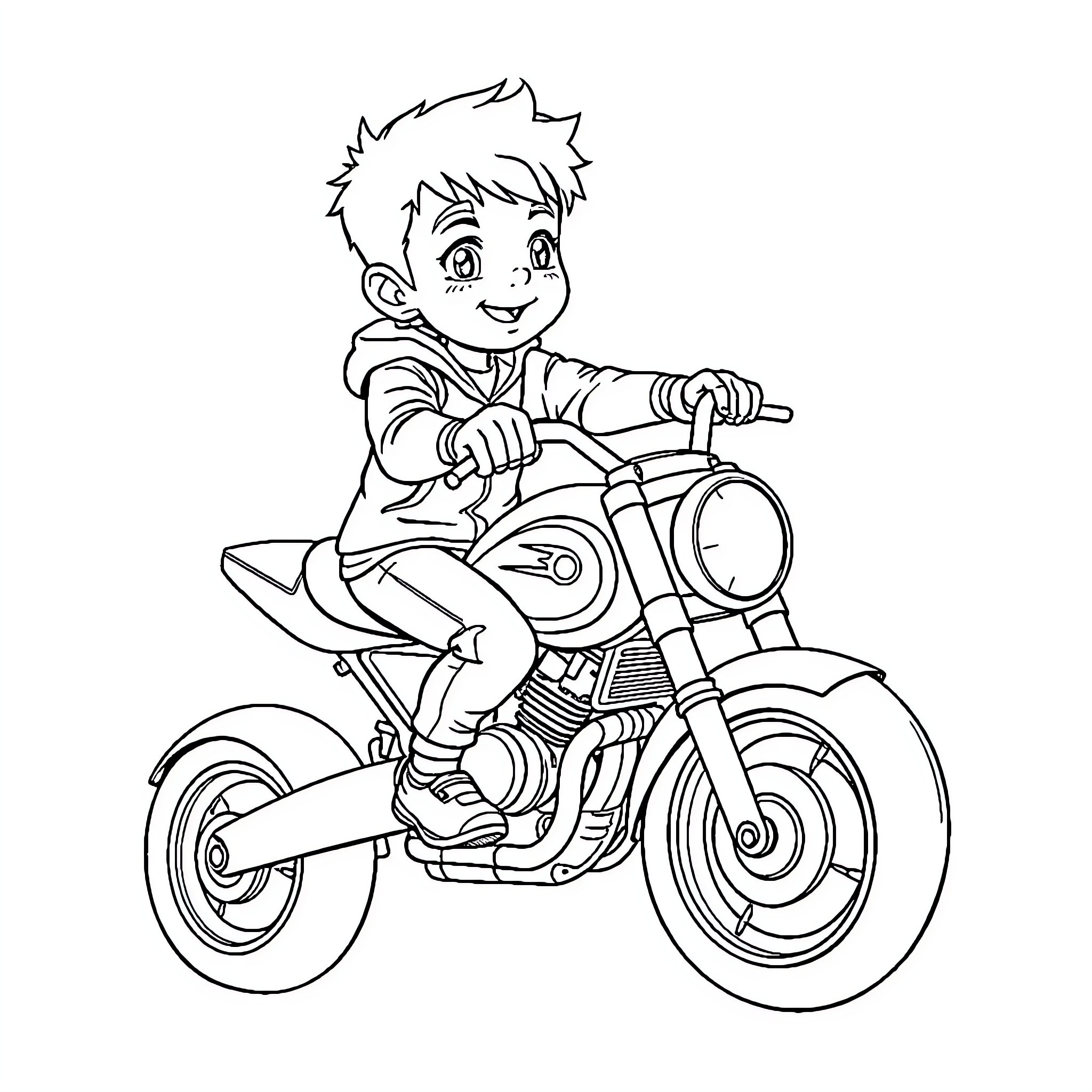 Kid riding motorcycle with excitement Coloring Page (free black-and-white line drawing printable PDF for all, from beginners to advanced learners, including children, teens, adults, and seniors)