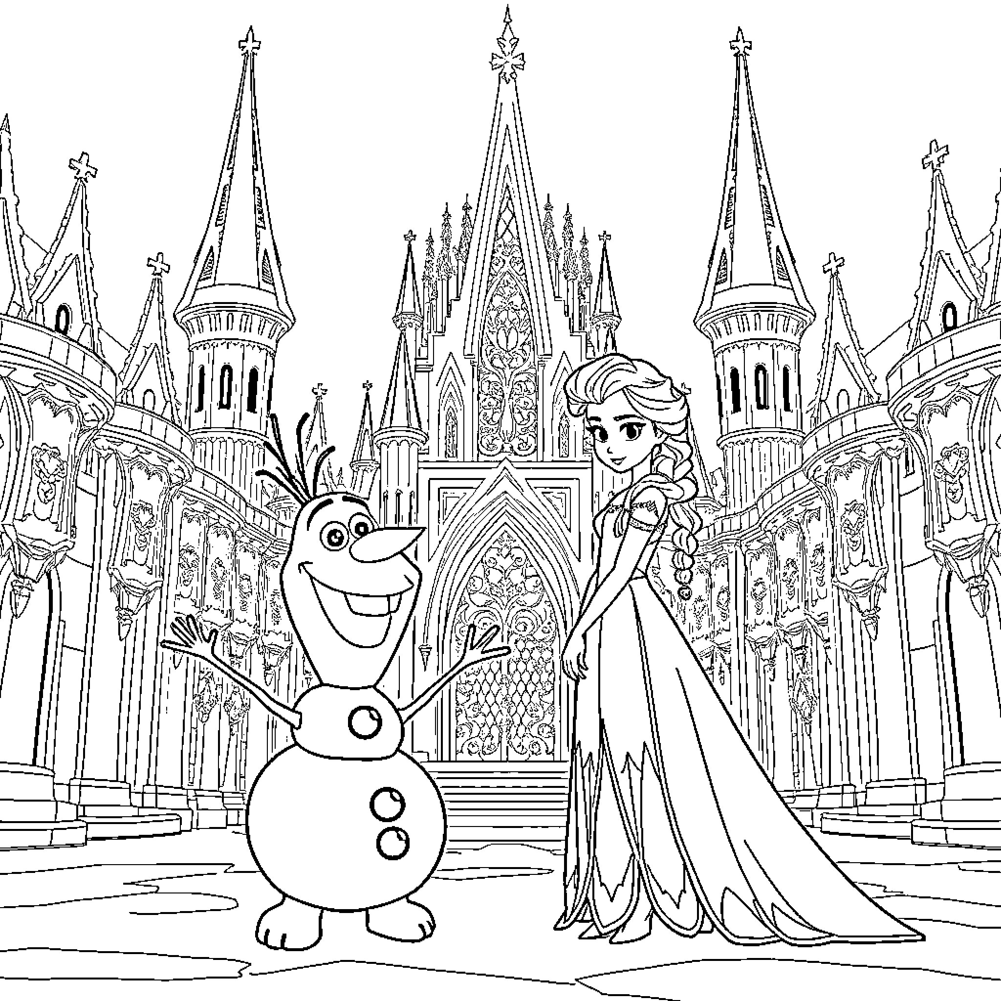 Olaf and Elsa explore magical winter palace Coloring Page (free black-and-white line drawing printable PDF for all, from beginners to advanced learners, including children, teens, adults, and seniors)