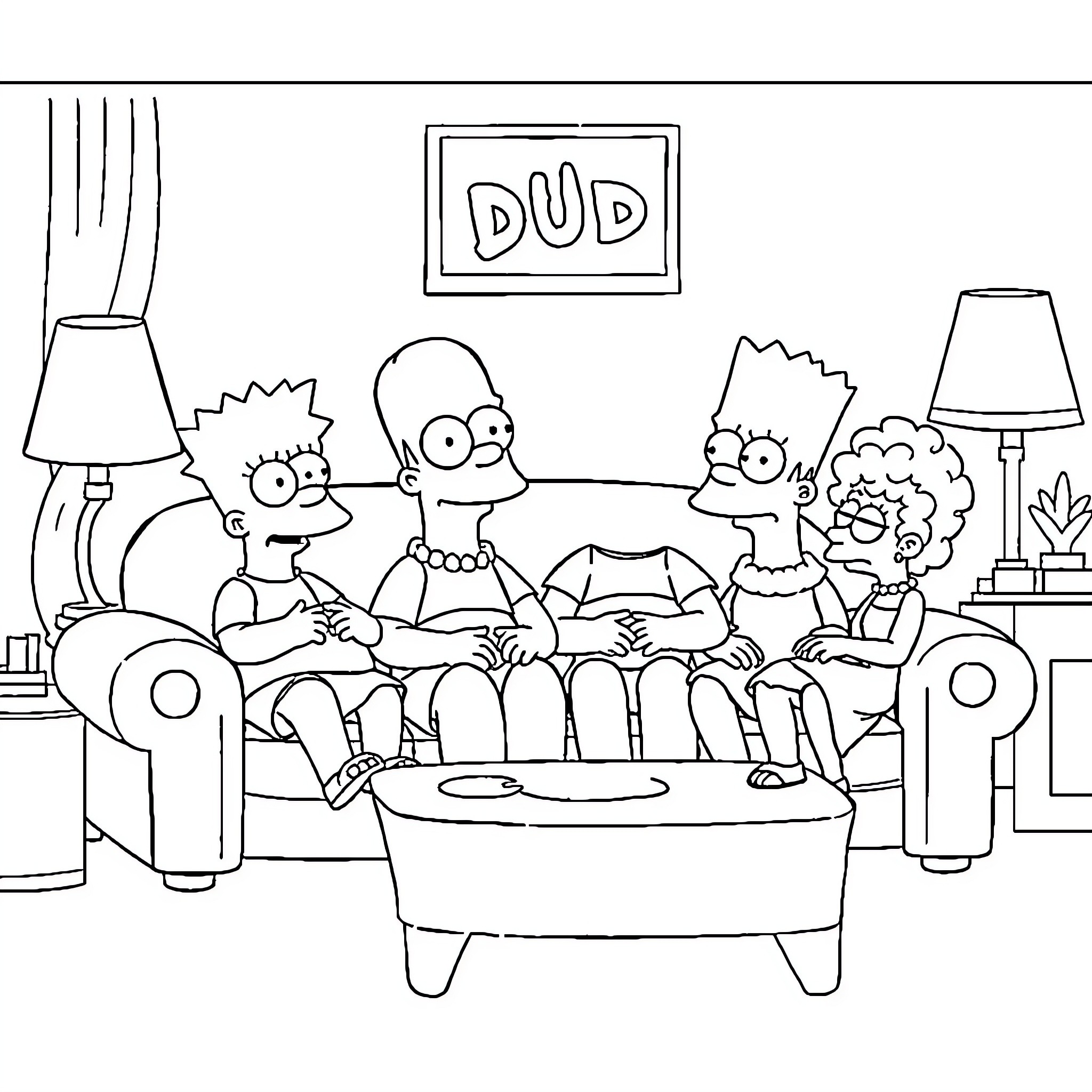 Simpson family enjoying a movie night together Coloring Page (free black-and-white line drawing printable PDF for all, from beginners to advanced learners, including children, teens, adults, and seniors)