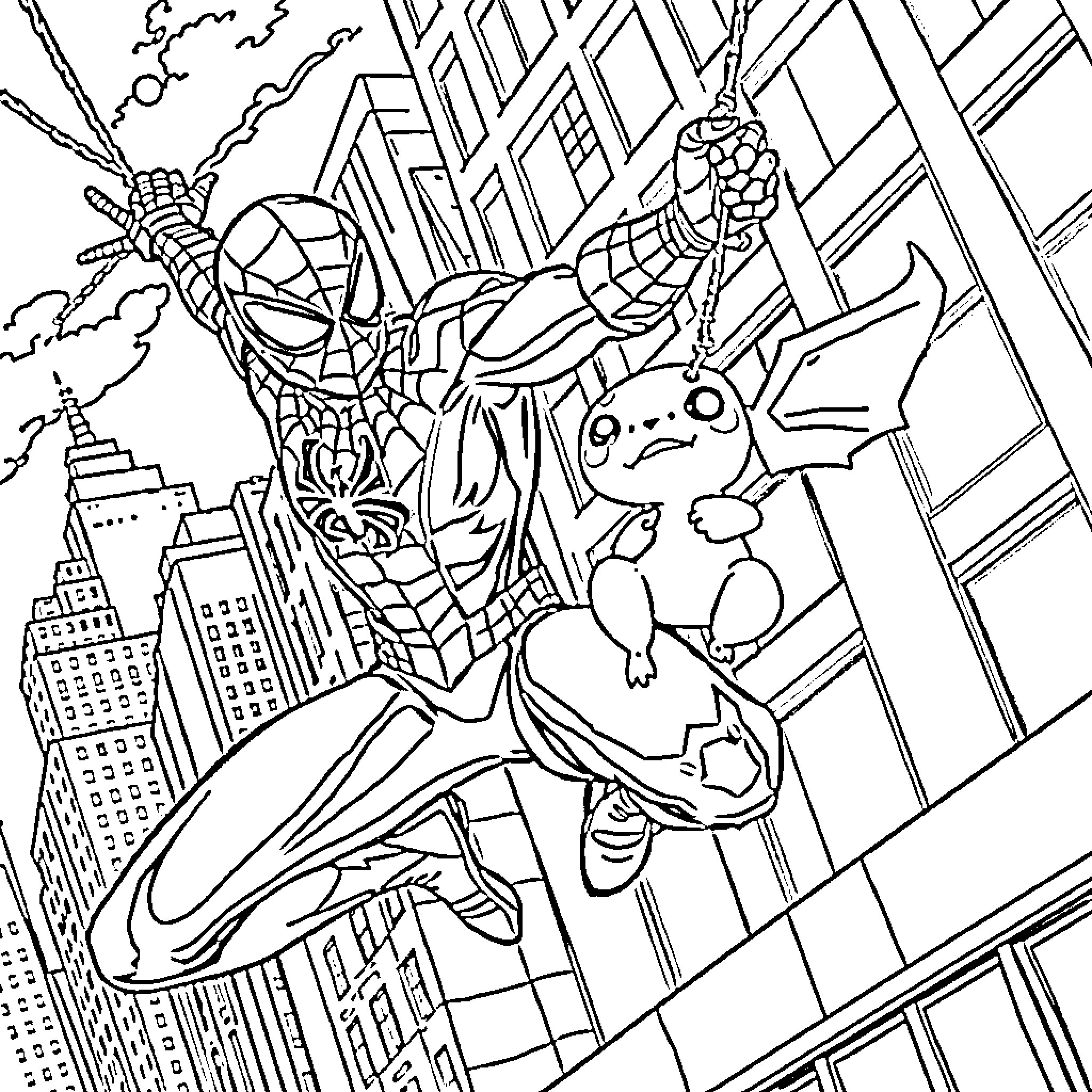 Spiderman swinging through the city with a Pikachu companion Coloring Page (free black-and-white line drawing printable PDF for all, from beginners to advanced learners, including children, teens, adults, and seniors)