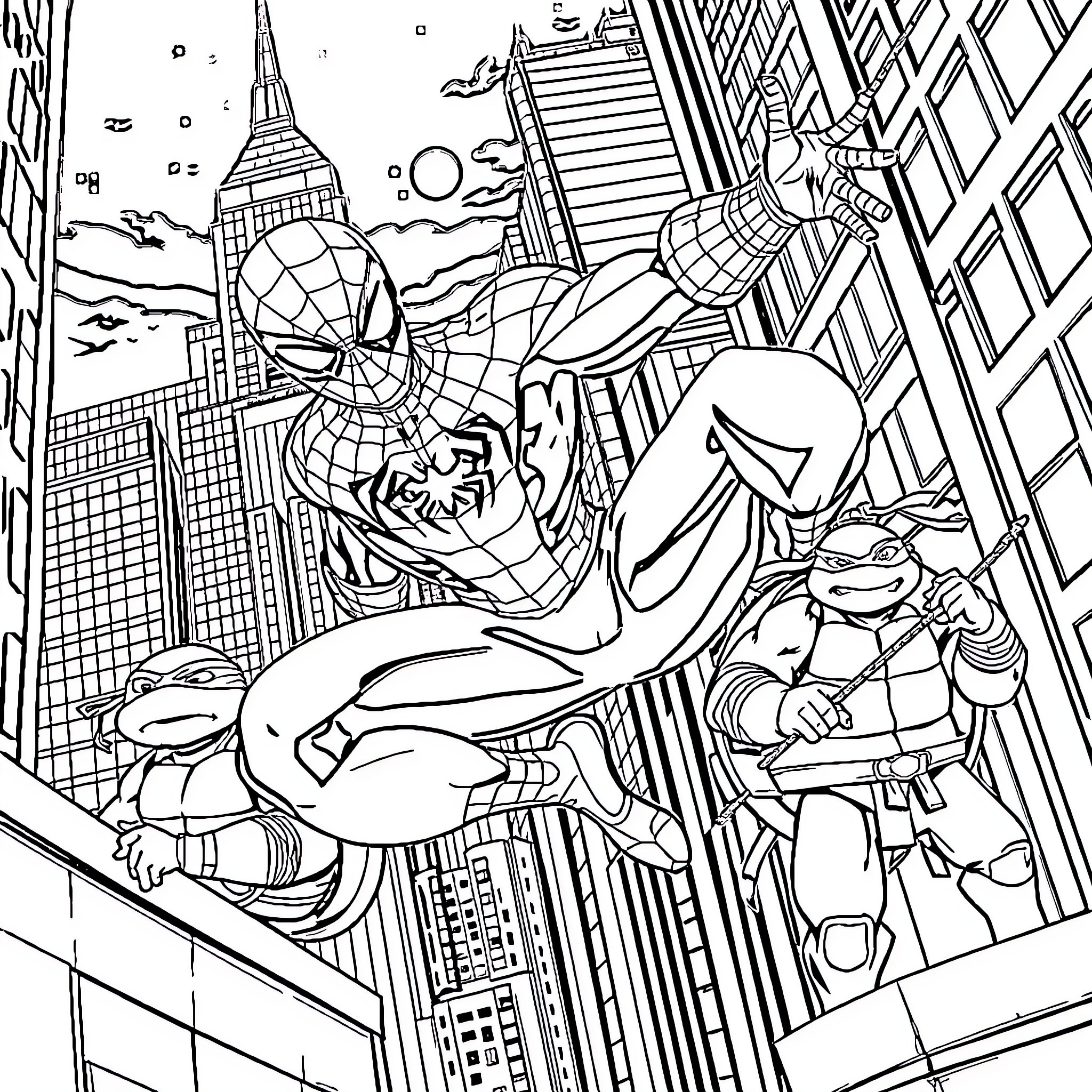 Spider-Man swinging through the city skyline Coloring Page (free black-and-white line drawing printable PDF for all, from beginners to advanced learners, including children, teens, adults, and seniors)