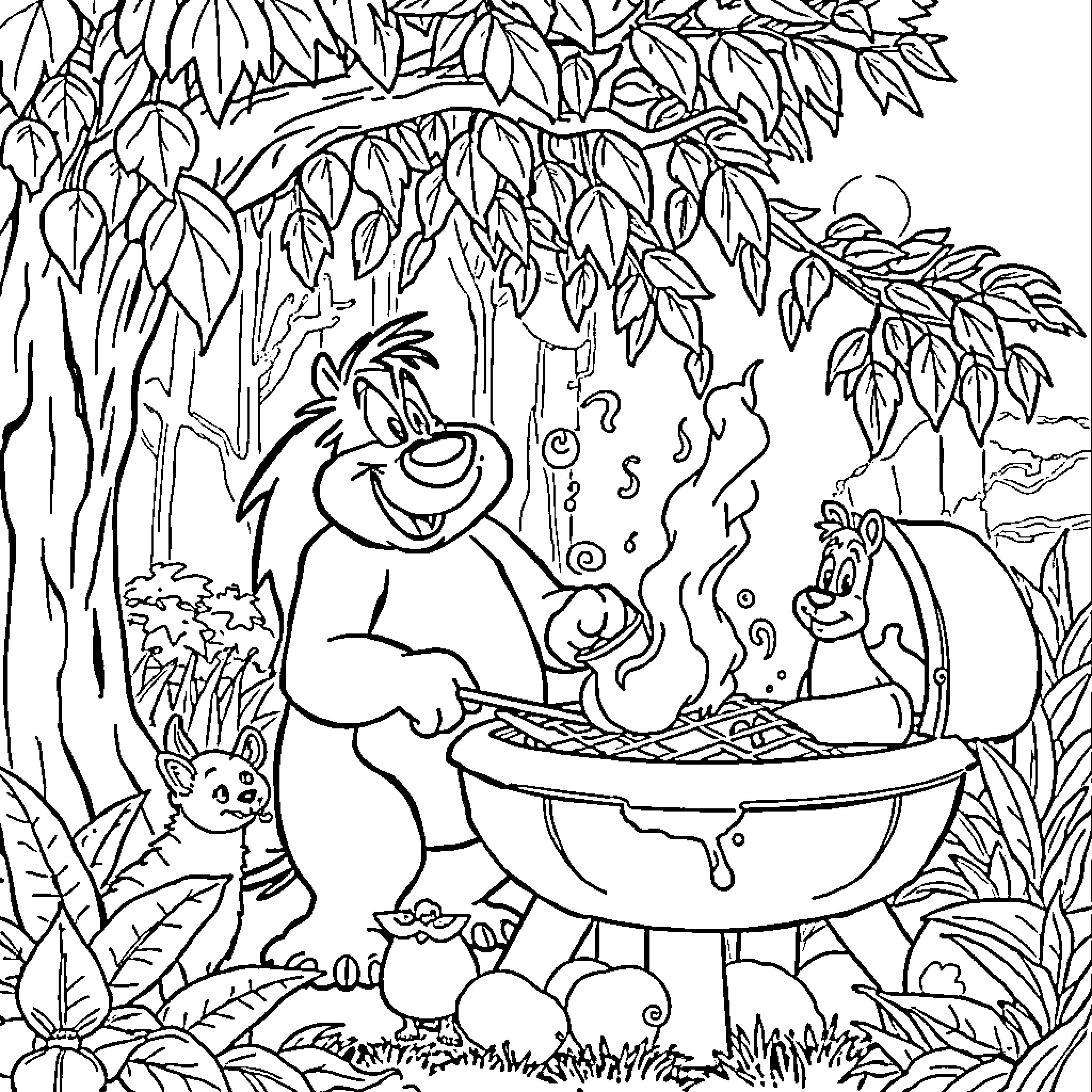 Baloo's Delightful Jungle Cookout Coloring Page (free black-and-white line drawing printable PDF for all, from beginners to advanced learners, including children, teens, adults, and seniors)