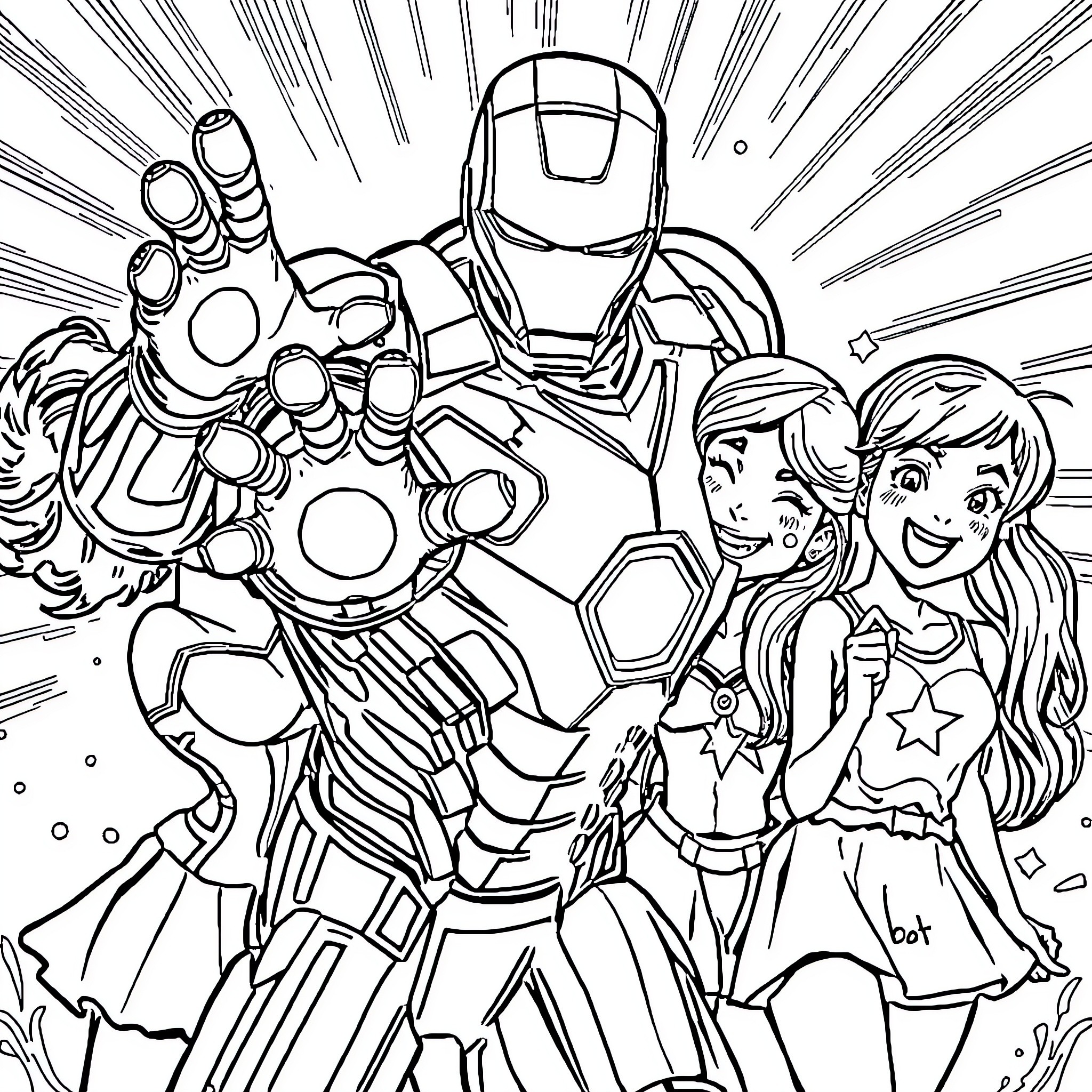 Ironman battles with heroic allies in dynamic action scene Coloring Page (free black-and-white line drawing printable PDF for all, from beginners to advanced learners, including children, teens, adults, and seniors)