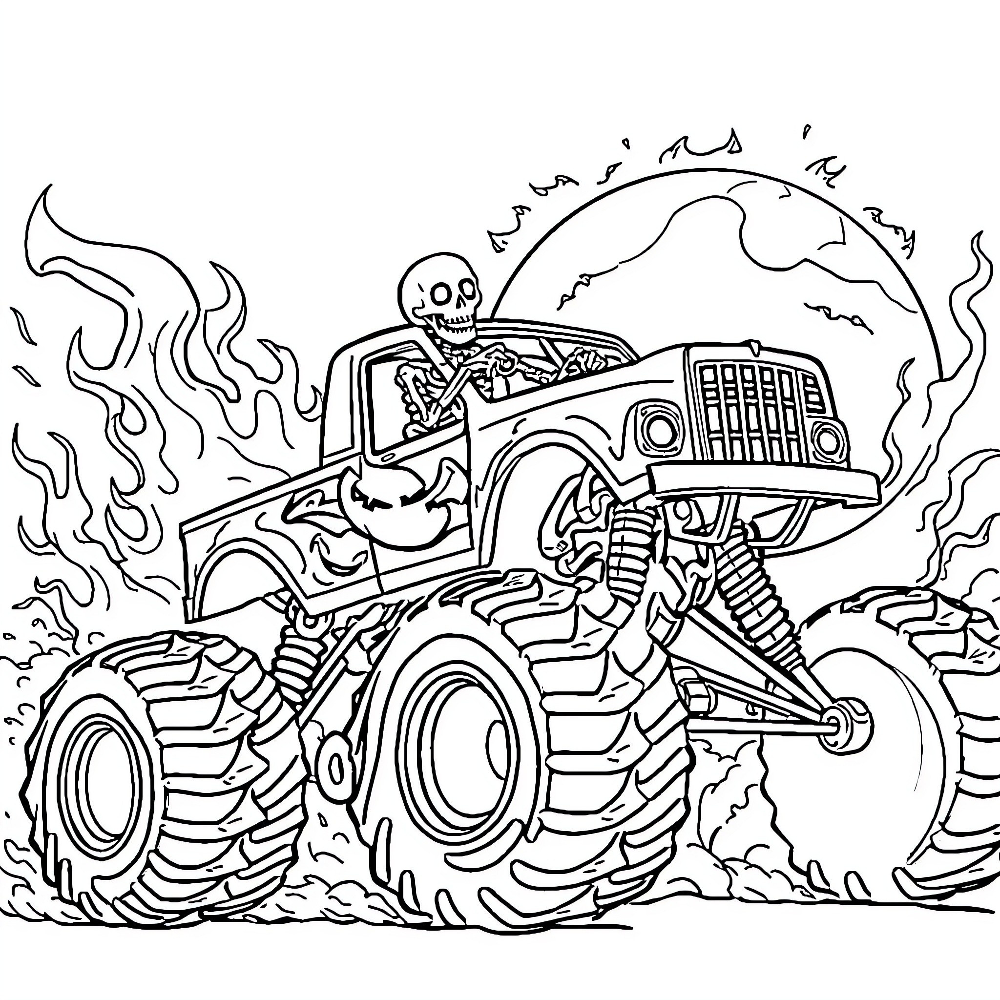 Skeleton riding a monstrous truck through flames Coloring Page (free black-and-white line drawing printable PDF for all, from beginners to advanced learners, including children, teens, adults, and seniors)