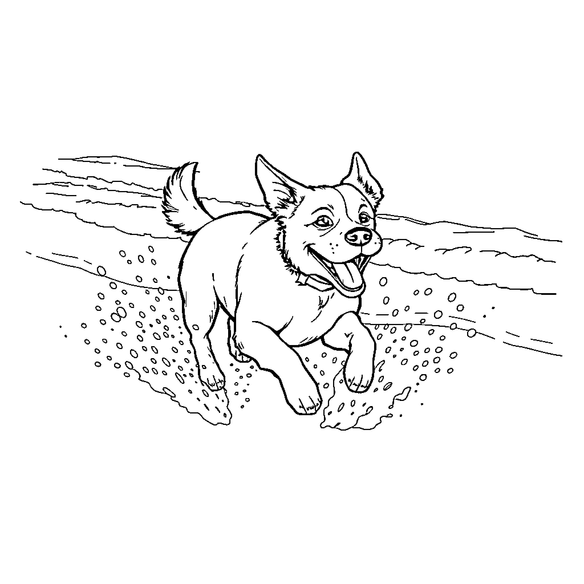 Dog running happily on the beach Coloring Page (free black-and-white line drawing printable PDF for all, from beginners to advanced learners, including children, teens, adults, and seniors)