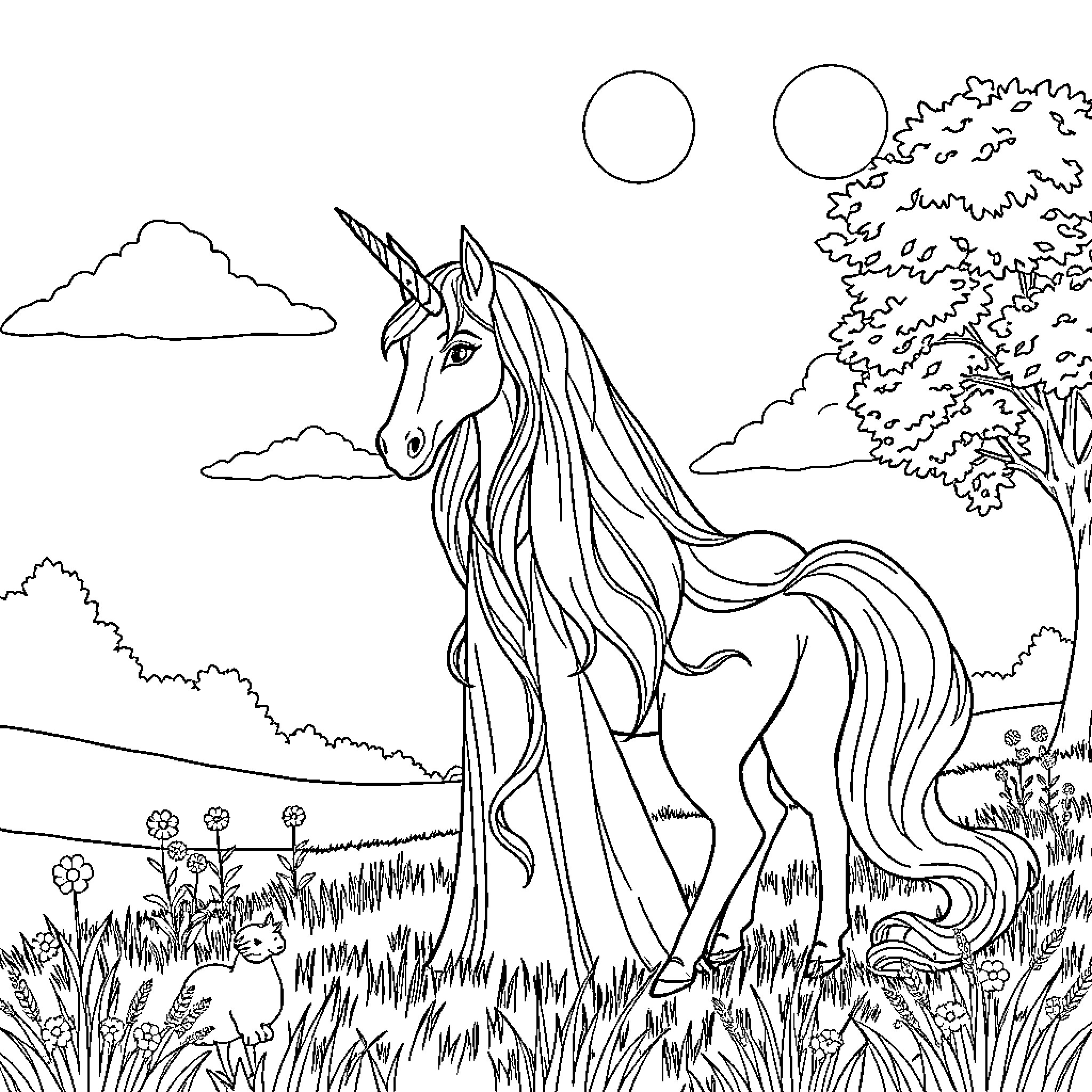 Rapunzel's Majestic Unicorn Adventure in the Enchanted Meadow Coloring Page (free black-and-white line drawing printable PDF for all, from beginners to advanced learners, including children, teens, adults, and seniors)