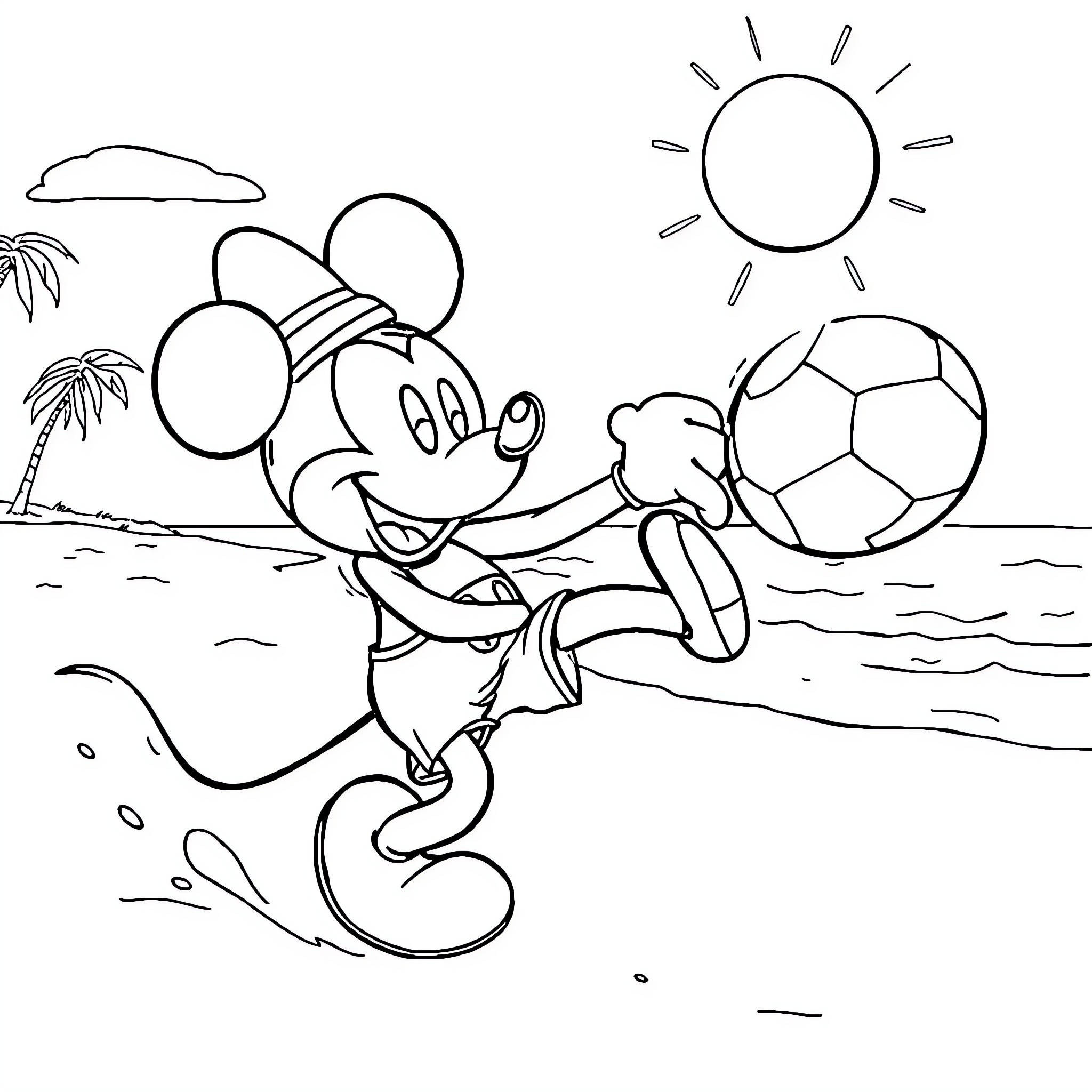 Mickey playing soccer on the beach Coloring Page (free black-and-white line drawing printable PDF for all, from beginners to advanced learners, including children, teens, adults, and seniors)