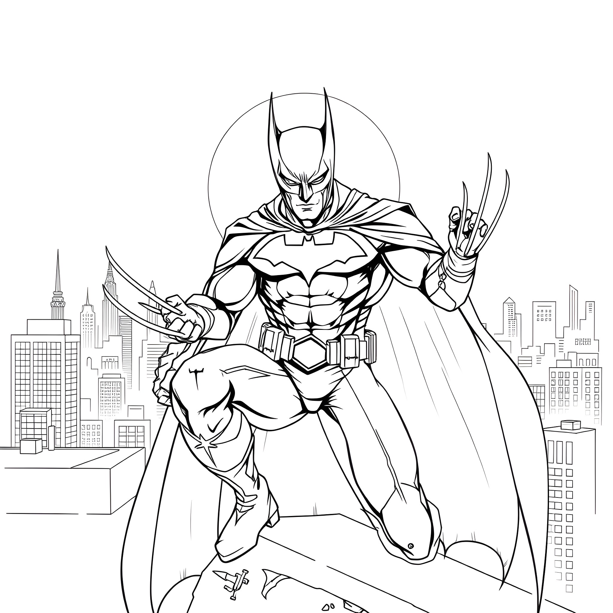 Batman Wolverine Superheroes Battling in the City Coloring Page (free black-and-white line drawing printable PDF for all, from beginners to advanced learners, including children, teens, adults, and seniors)
