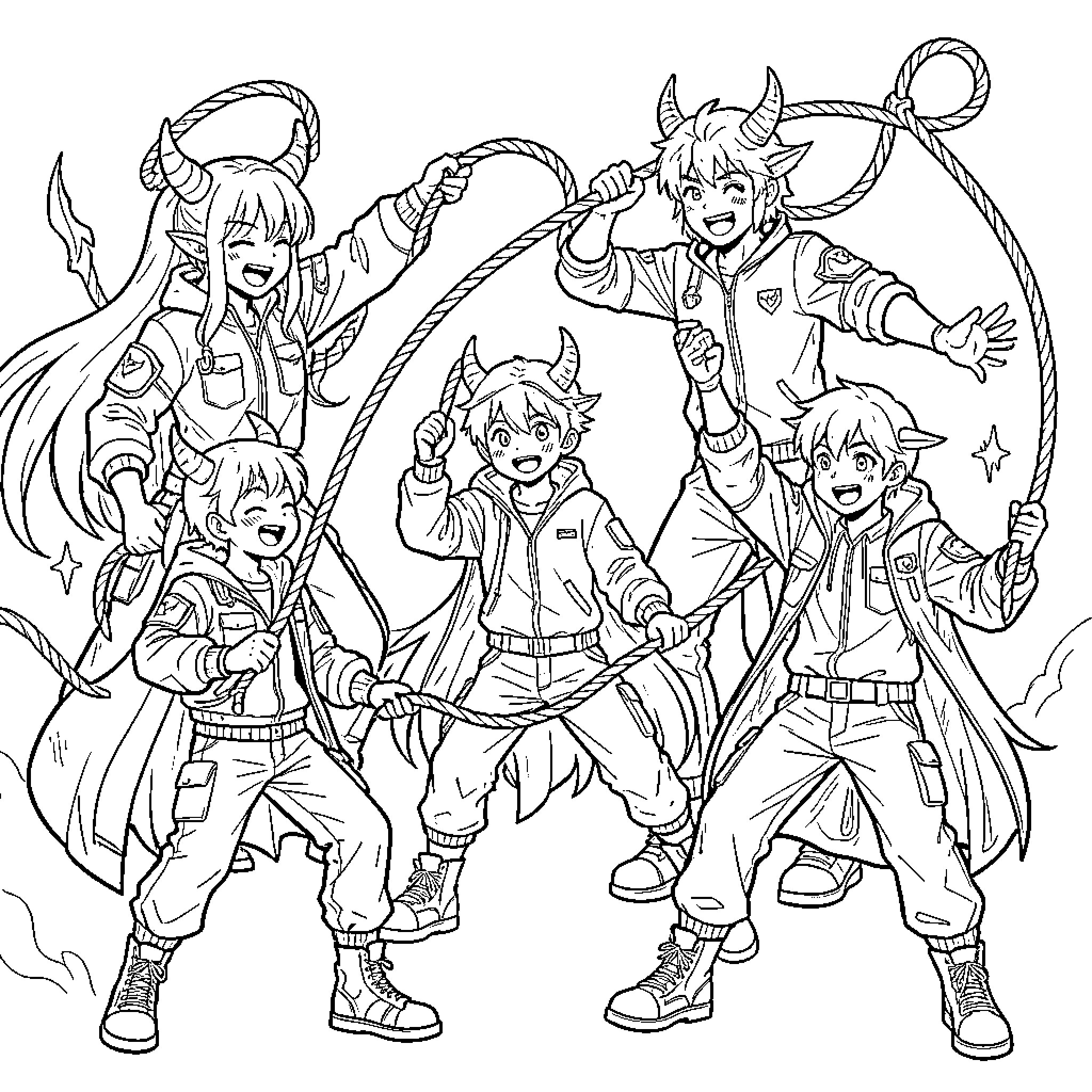 Kpop Demon Hunter group posing with ropes Coloring Page (free black-and-white line drawing printable PDF for all, from beginners to advanced learners, including children, teens, adults, and seniors)
