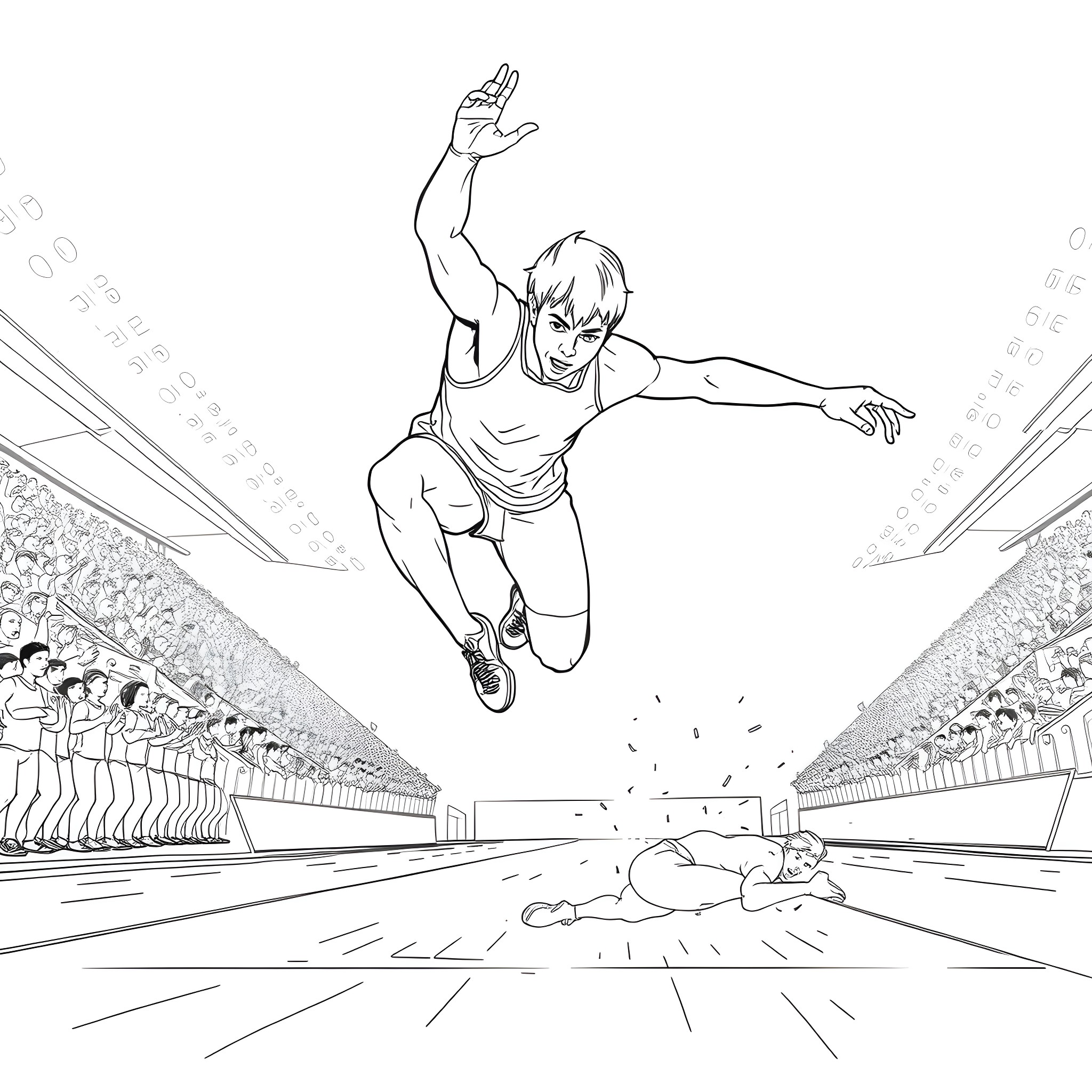 Man leaping over hurdle in sports stadium Coloring Page (free black-and-white line drawing printable PDF for all, from beginners to advanced learners, including children, teens, adults, and seniors)