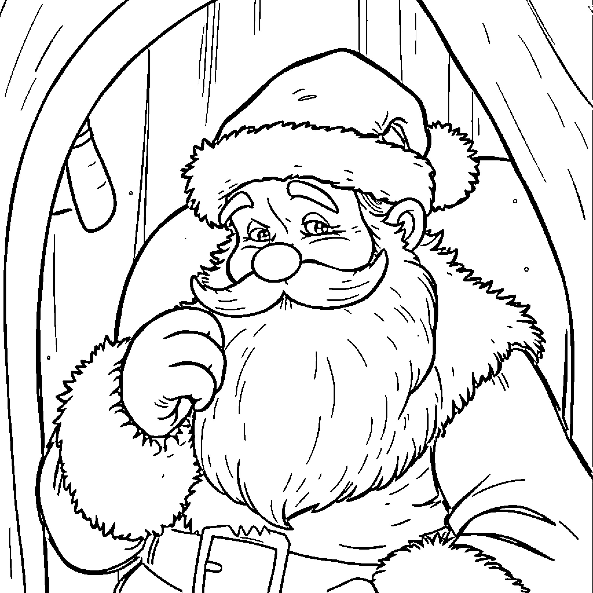 Santa Claus smiling in winter wonderland Coloring Page (free black-and-white line drawing printable PDF for all, from beginners to advanced learners, including children, teens, adults, and seniors)